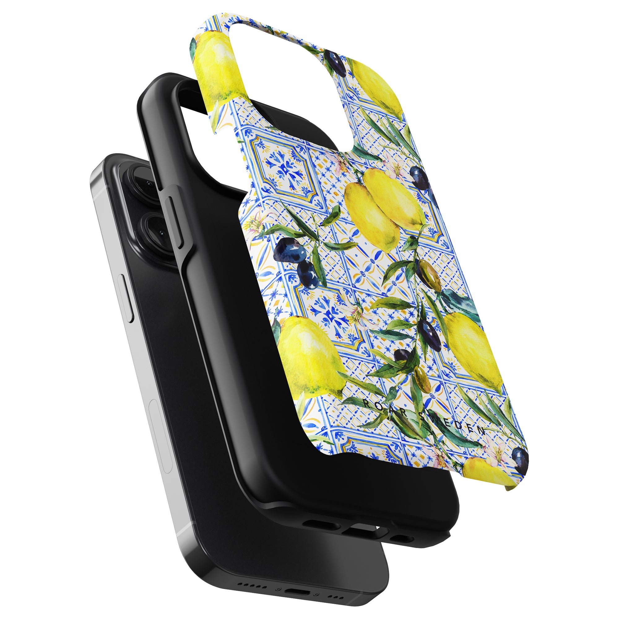 Amalfi - Tough Case with a black case and a decorative strap featuring a lemon pattern against a water-resistant background.