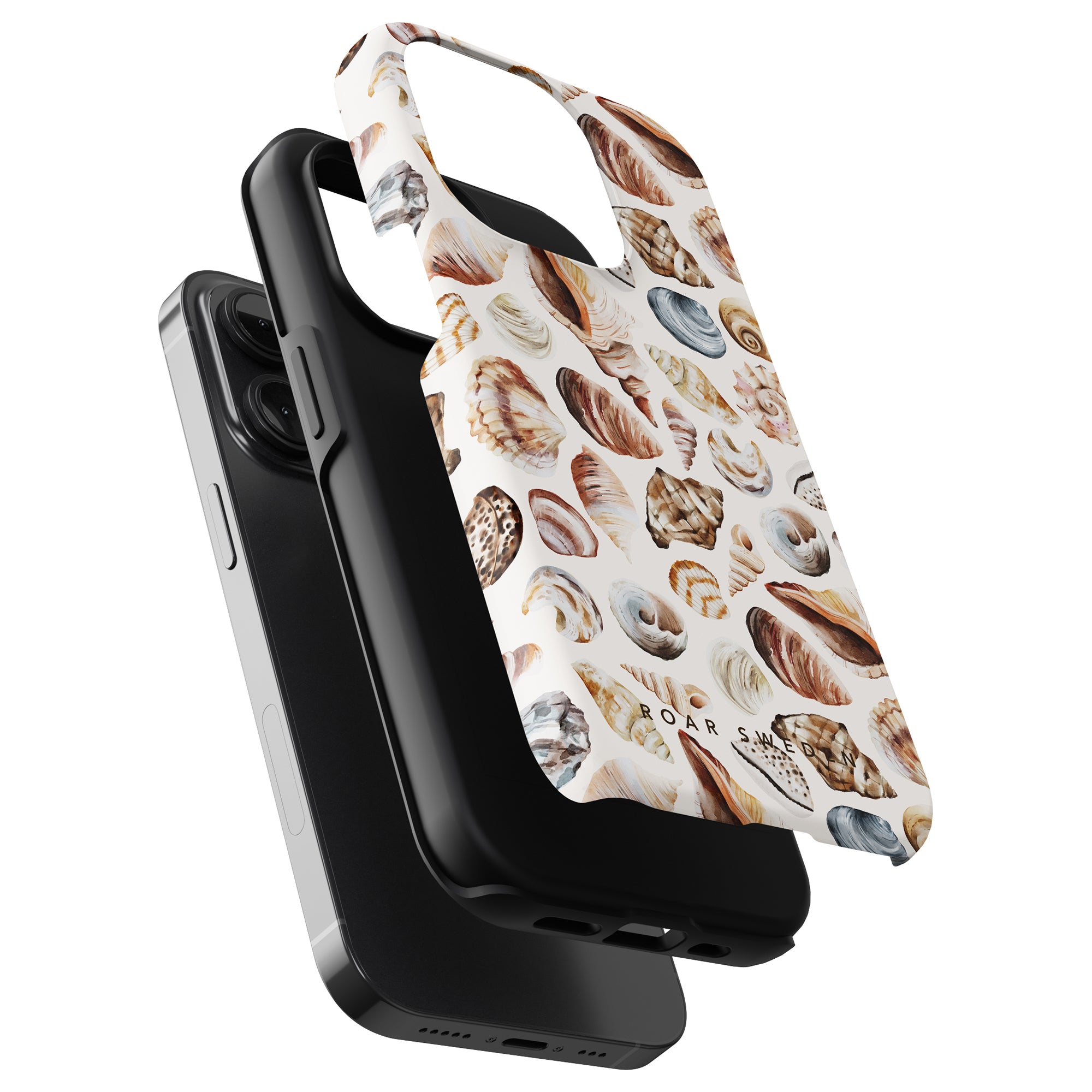 A black smartphone with a Beach Shells - Tough Case made of stötdämpande material attached to its back.
