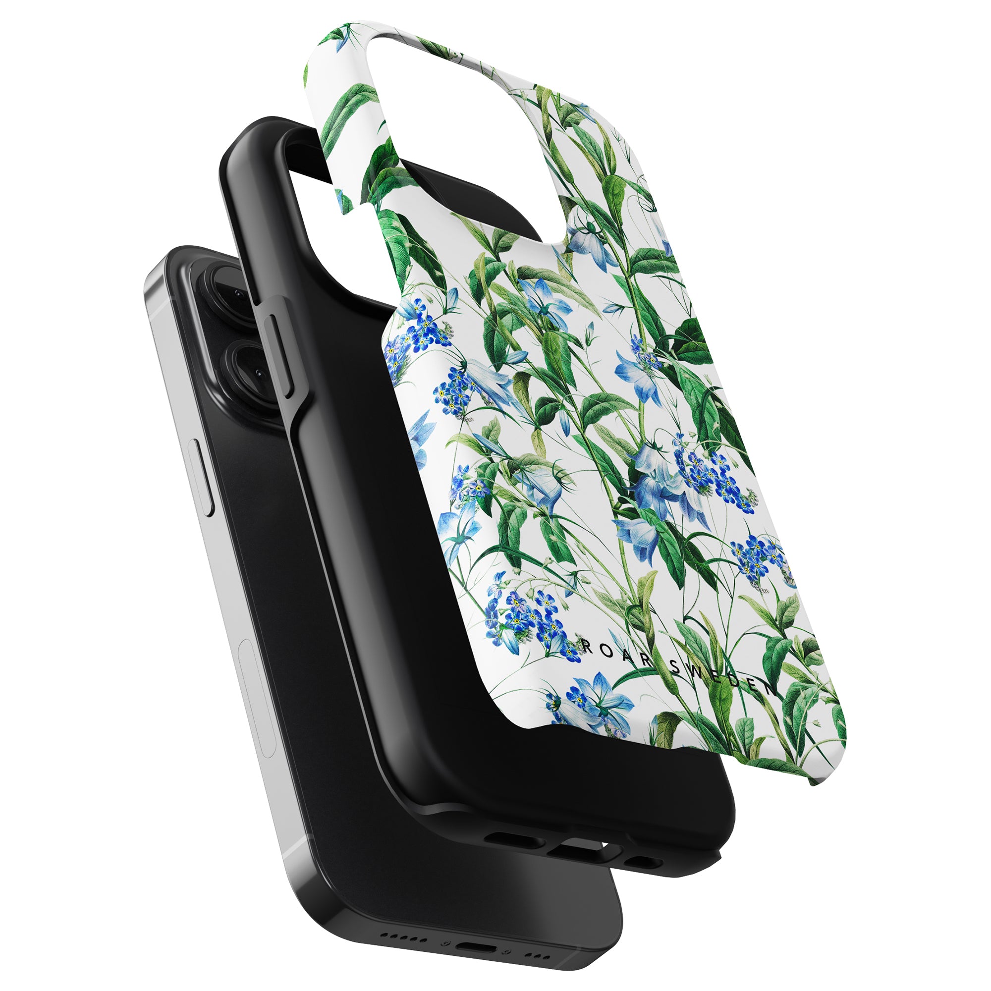 Black smartphone with a Blue Bells - Tough Case and an exfoliating cleanser advertisement.