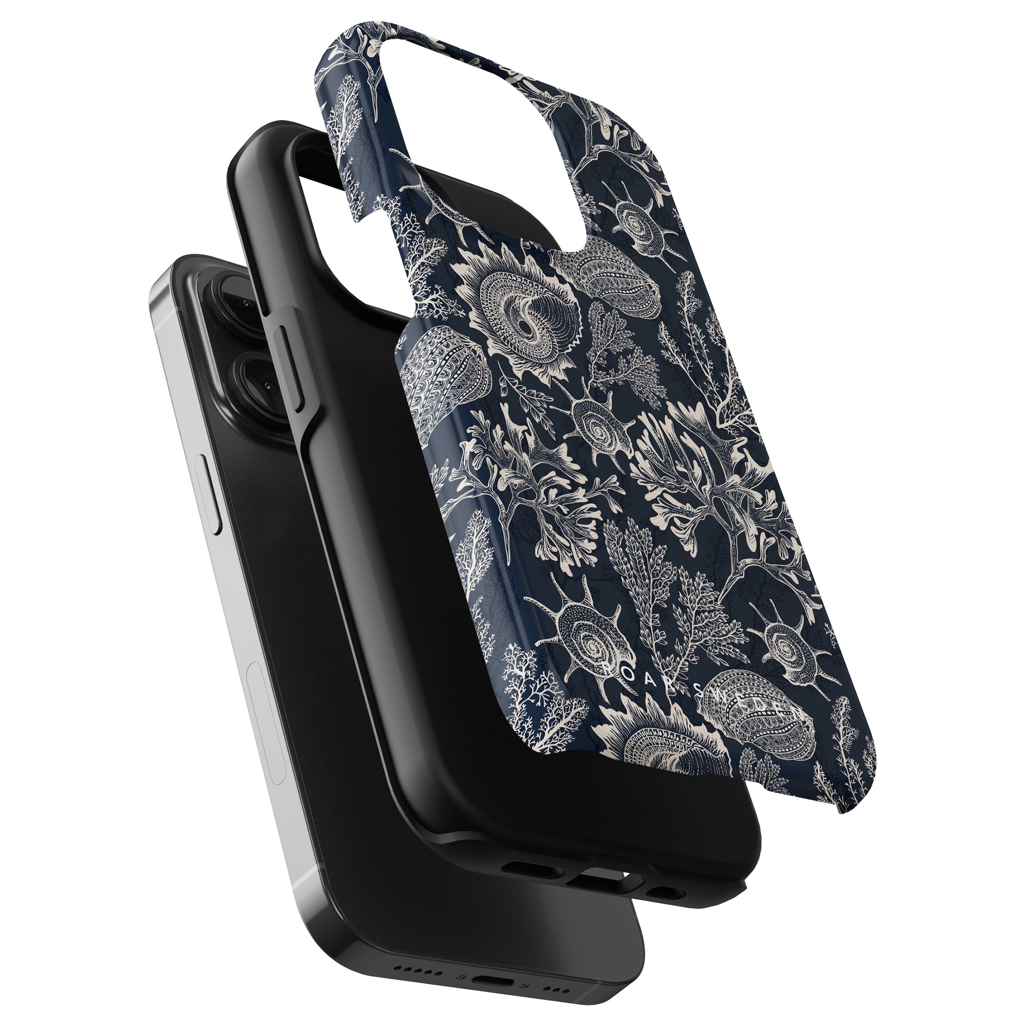 A smartphone with a Blue Corals - Tough Case linked to a floral-patterned strap from the ocean kollektion, displayed against a white background.