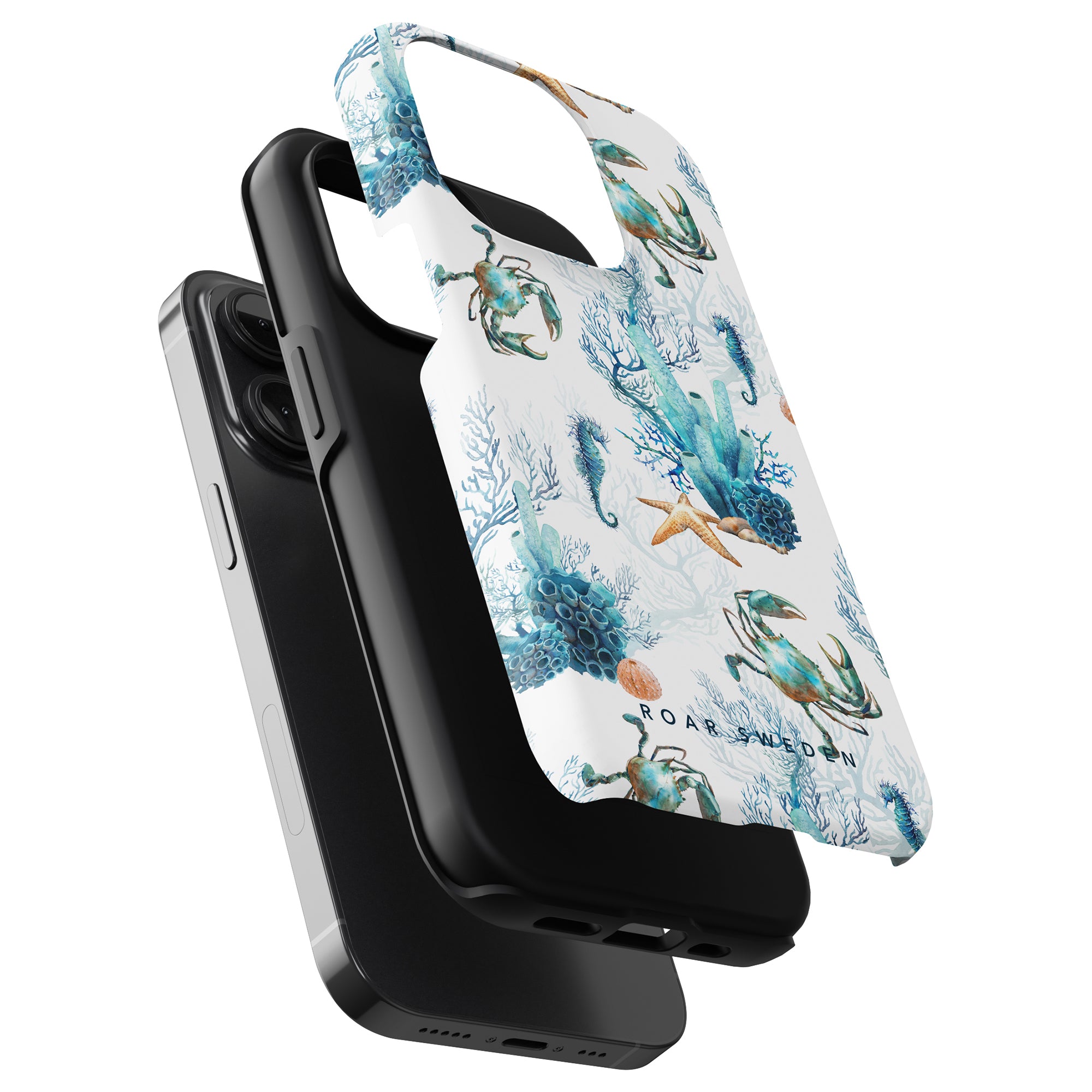 A smartphone with a Crab Reef - Tough Case attached to a face mask with an ocean collection Crab Reef print.