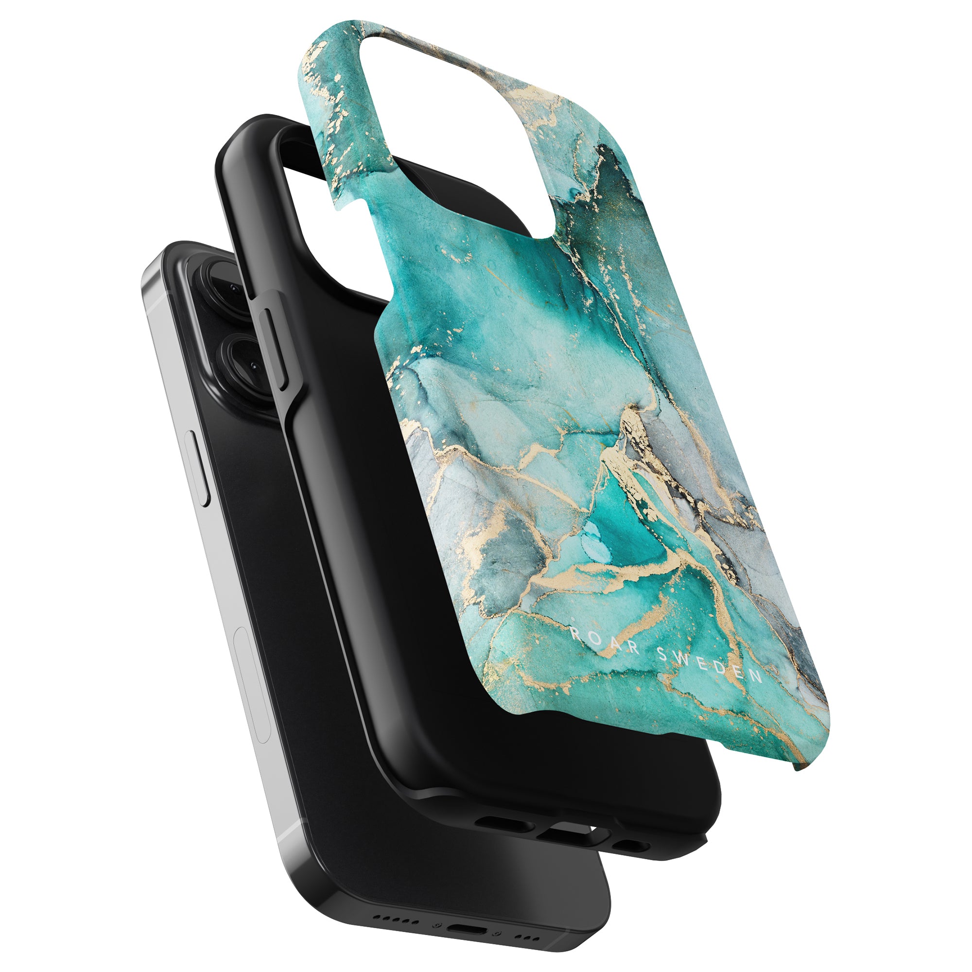 Two smartphones in black Ferozah Tough Cases, one with a turquoise and gold marbled cover, displayed against a white background.