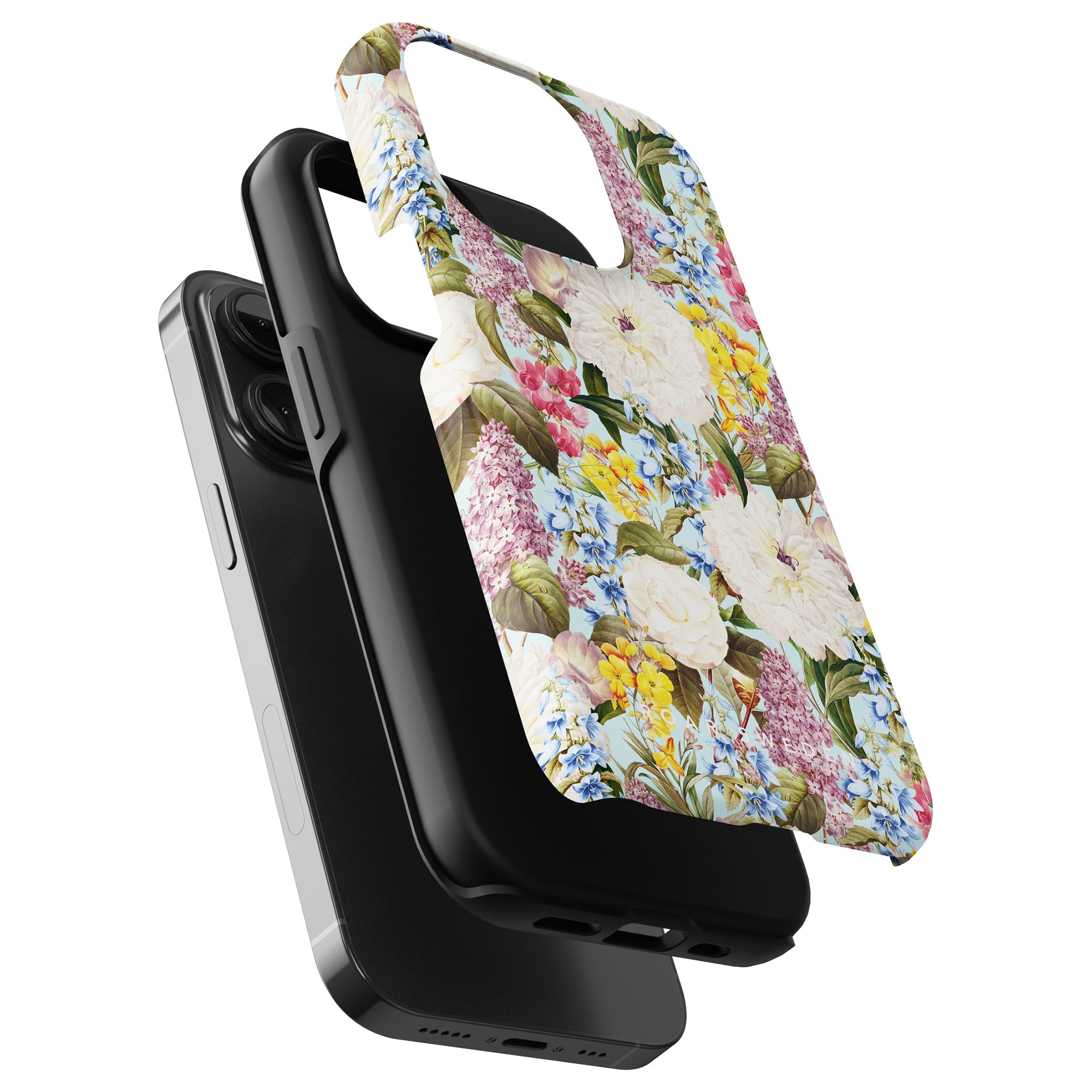 A stylish smartphone with a Fragrant Paradise - Tough Case and a floral-patterned phone grip attached to its back.