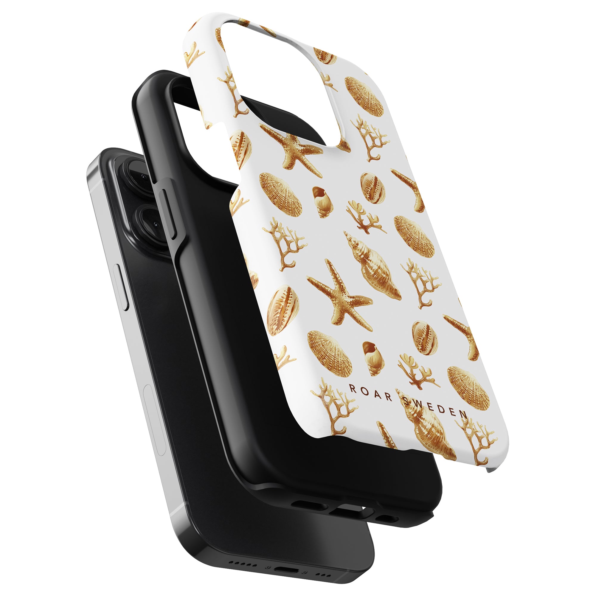 A black smartphone with a white case from the Ocean Collection featuring a Golden Shells - Tough Case pattern.