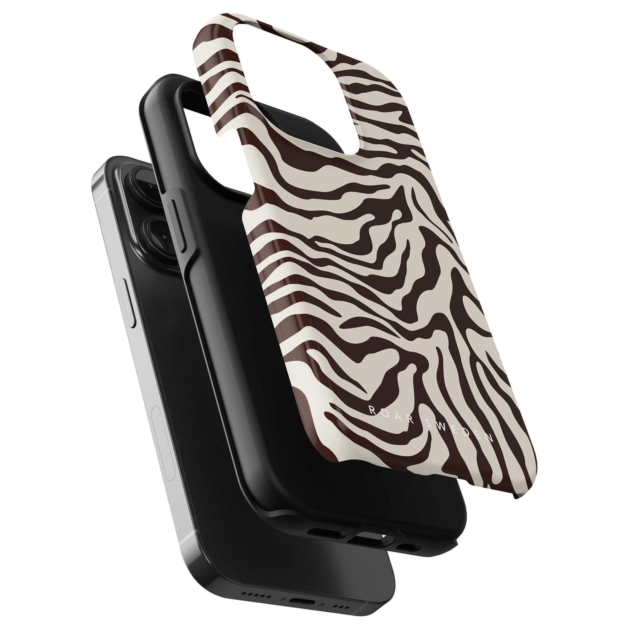 Two smartphones in black cases, one with a Mocha - Tough Case from the zebra kollektion, displayed in a back-to-back arrangement.