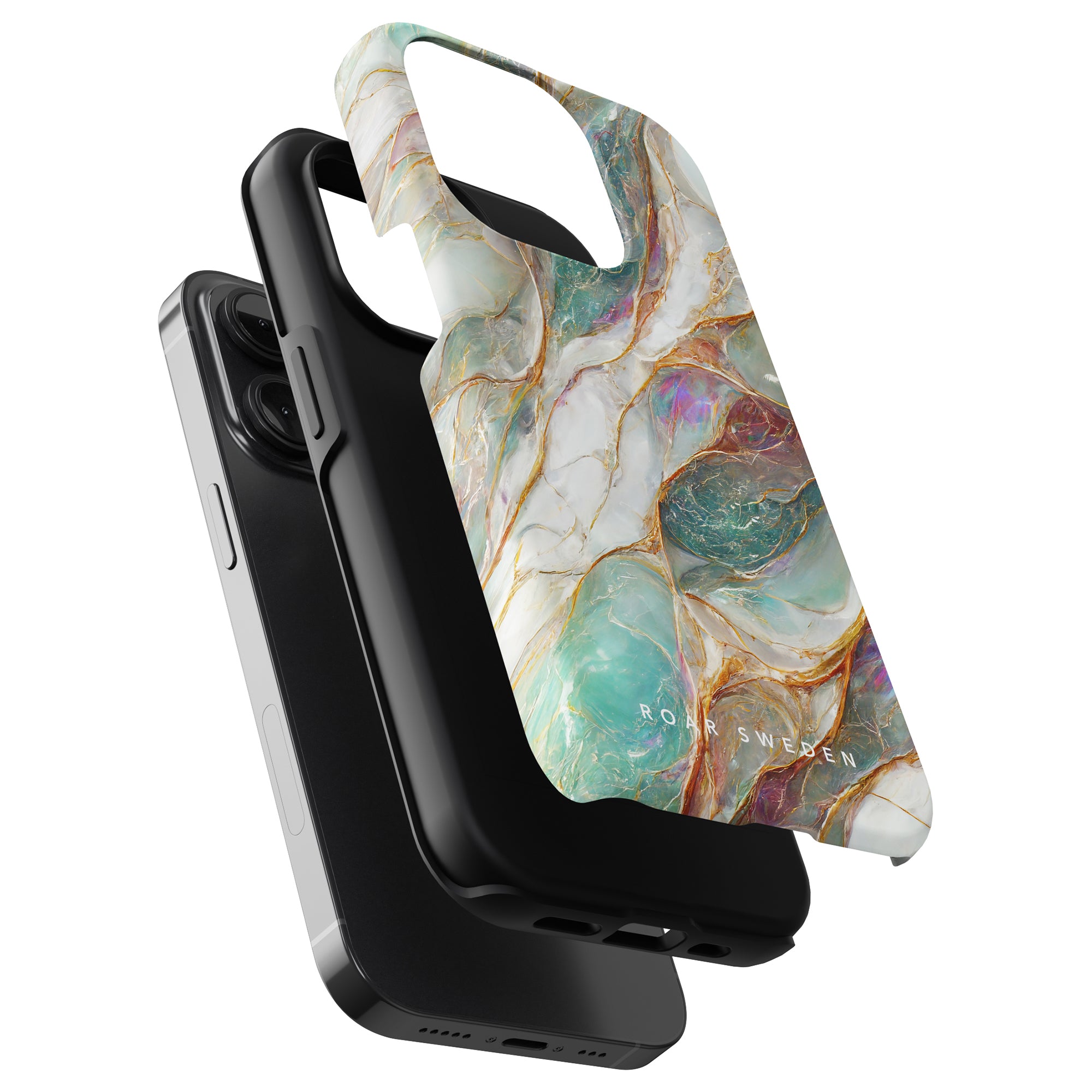 Two smartphone cases, one black and one with a Mother of Pearl - Tough Case design, displayed side by side.