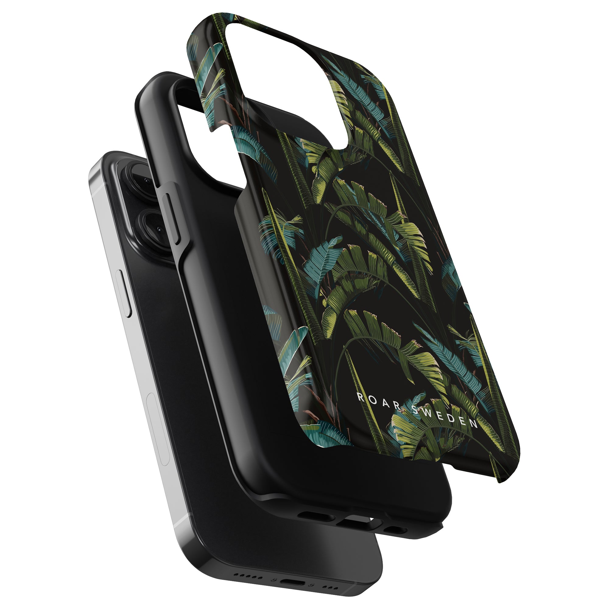 A stack of three smartphone cases with different designs, two black and one with a Mystic Jungle - Tough Case pattern.