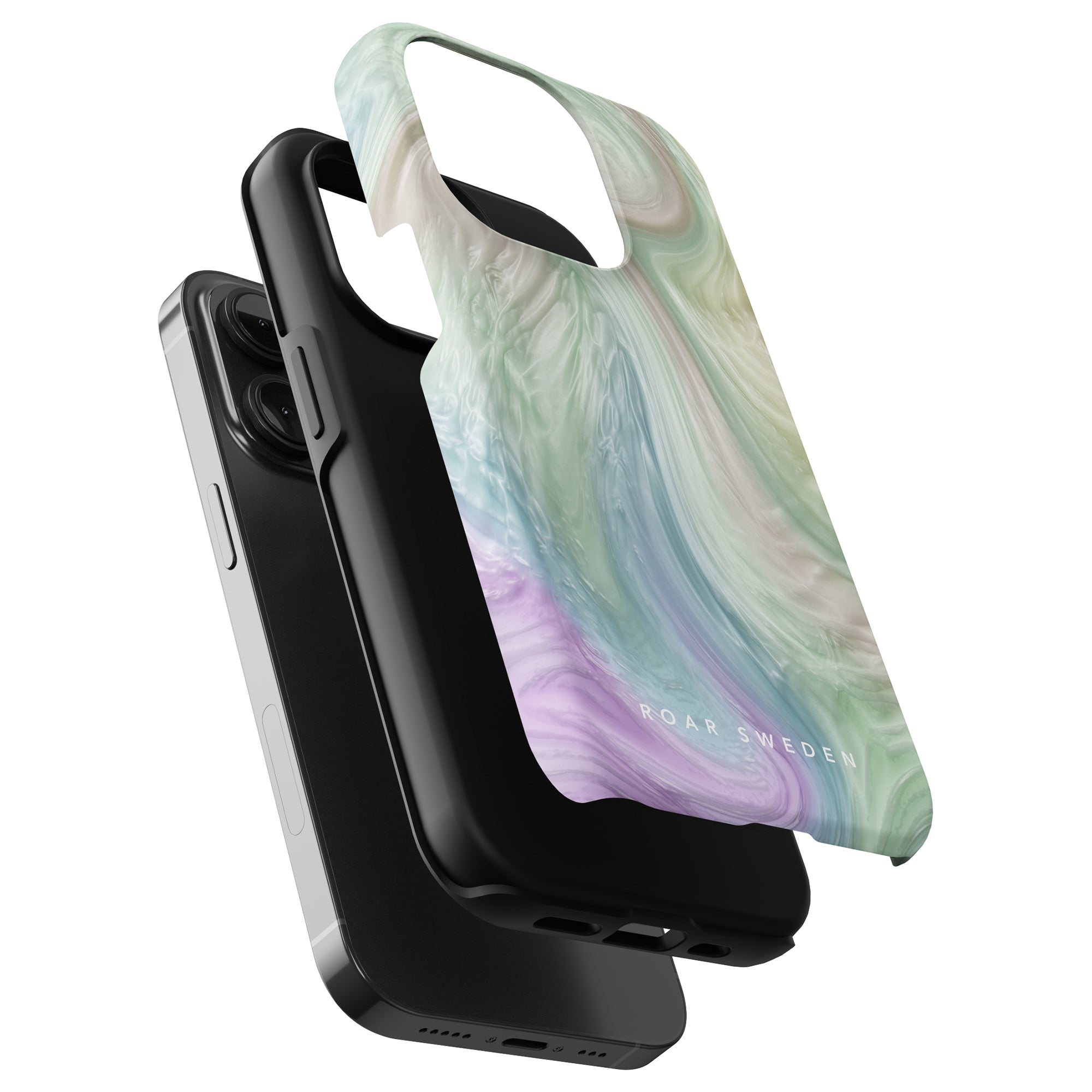 Black and multicolored Nacre - Tough Case smartphone cases displayed from the side with a visible logo "roar sweden" on the colorful case.