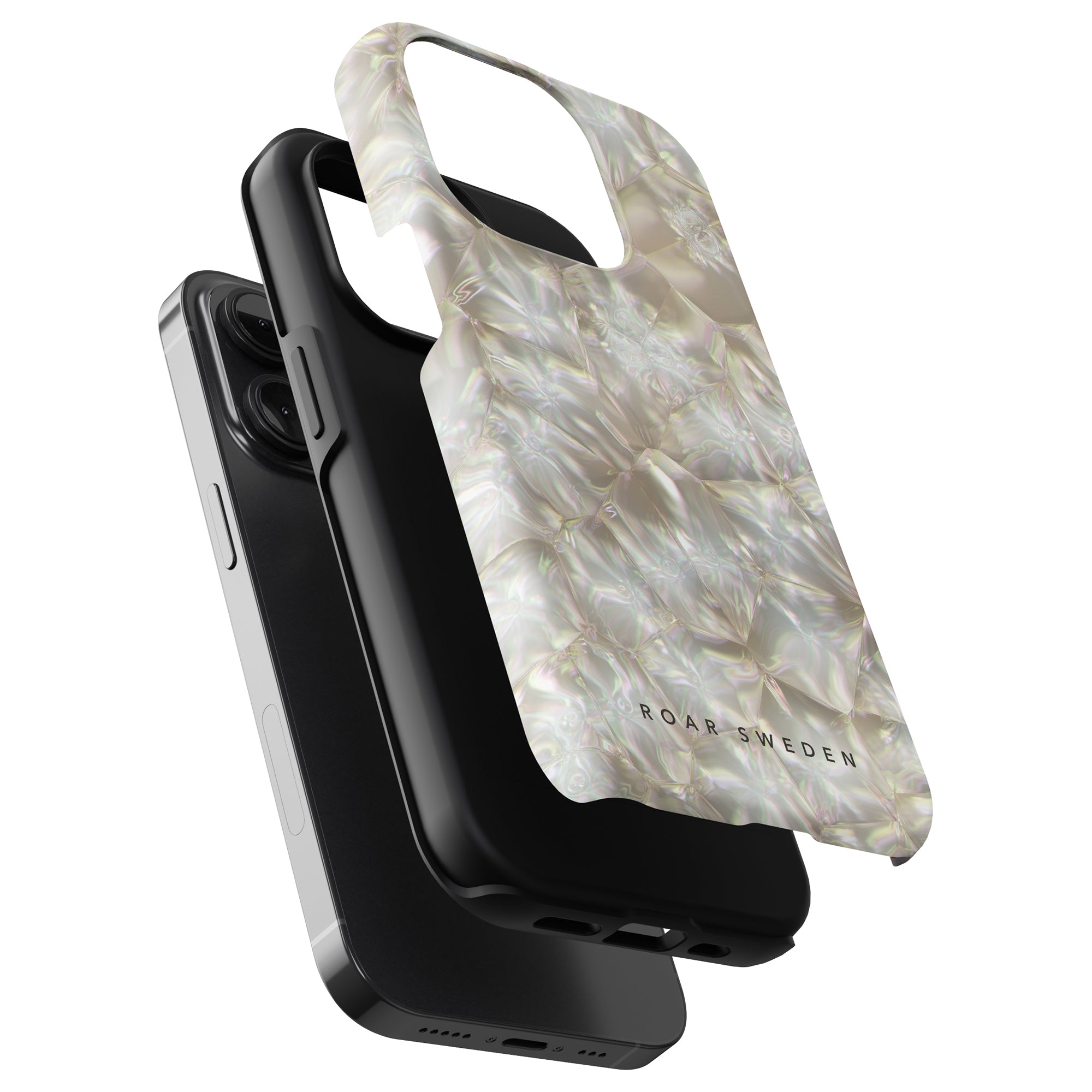 Two smartphones in black tough cases, one with a Pearls - Tough Case attached, isolated on a white background.