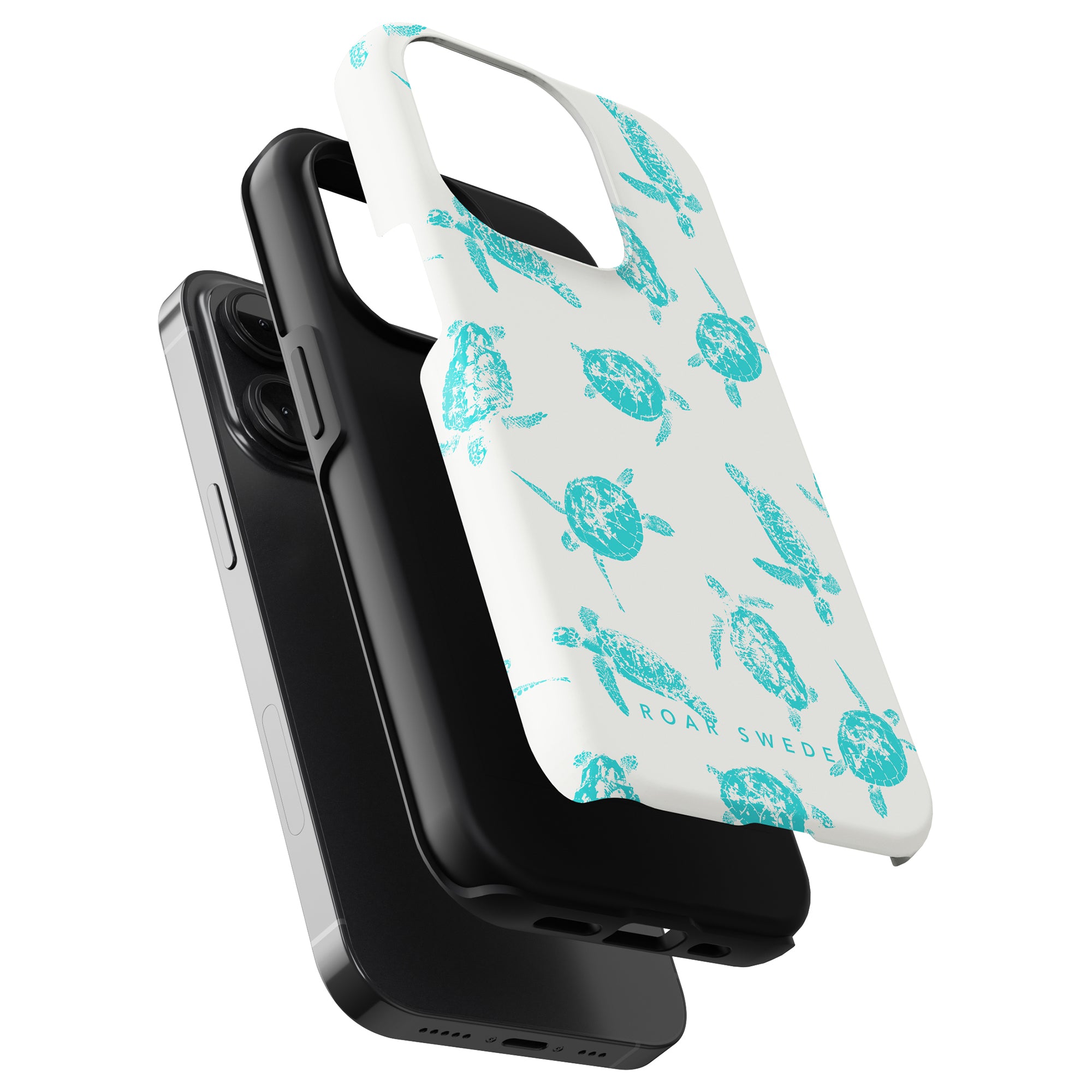 A black smartphone with a Sea Turtles - Tough Case from the ocean collection, attached to a portable battery pack.