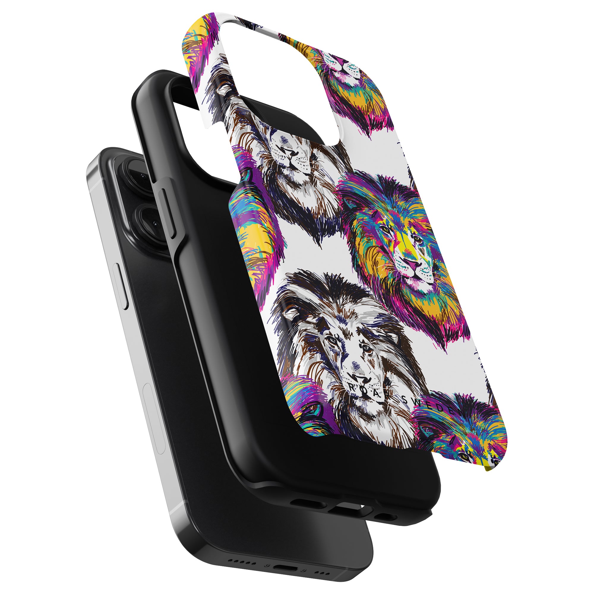 A smartphone in a Simba - Tough Case next to a colorful strap featuring vibrant illustrations of animal faces from the Safari kollektion.