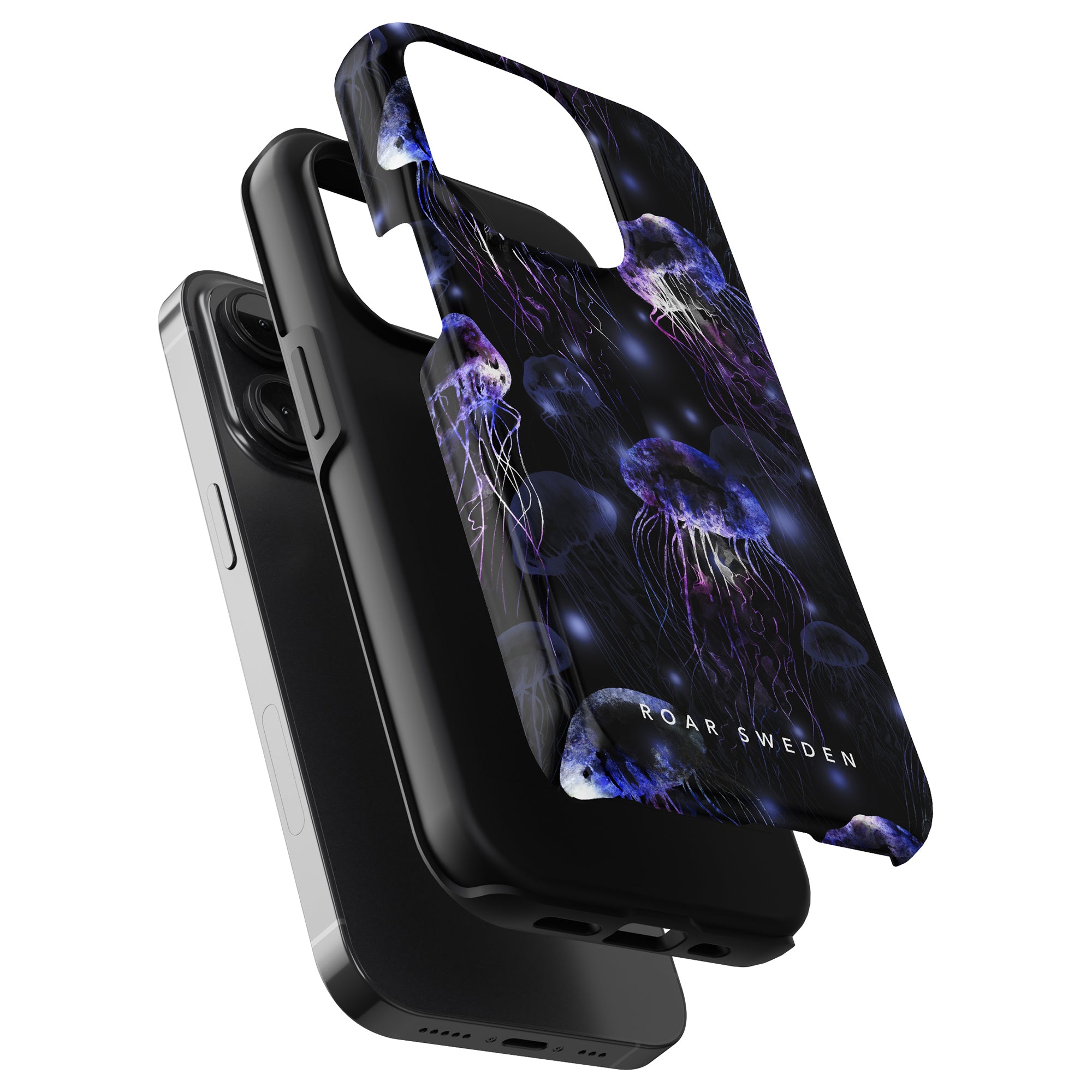 A Smack - Tough Case with a bioluminescent jellyfish design on a seamless background, showcasing purple and blue hues, and labeled "ideal of sweden.
