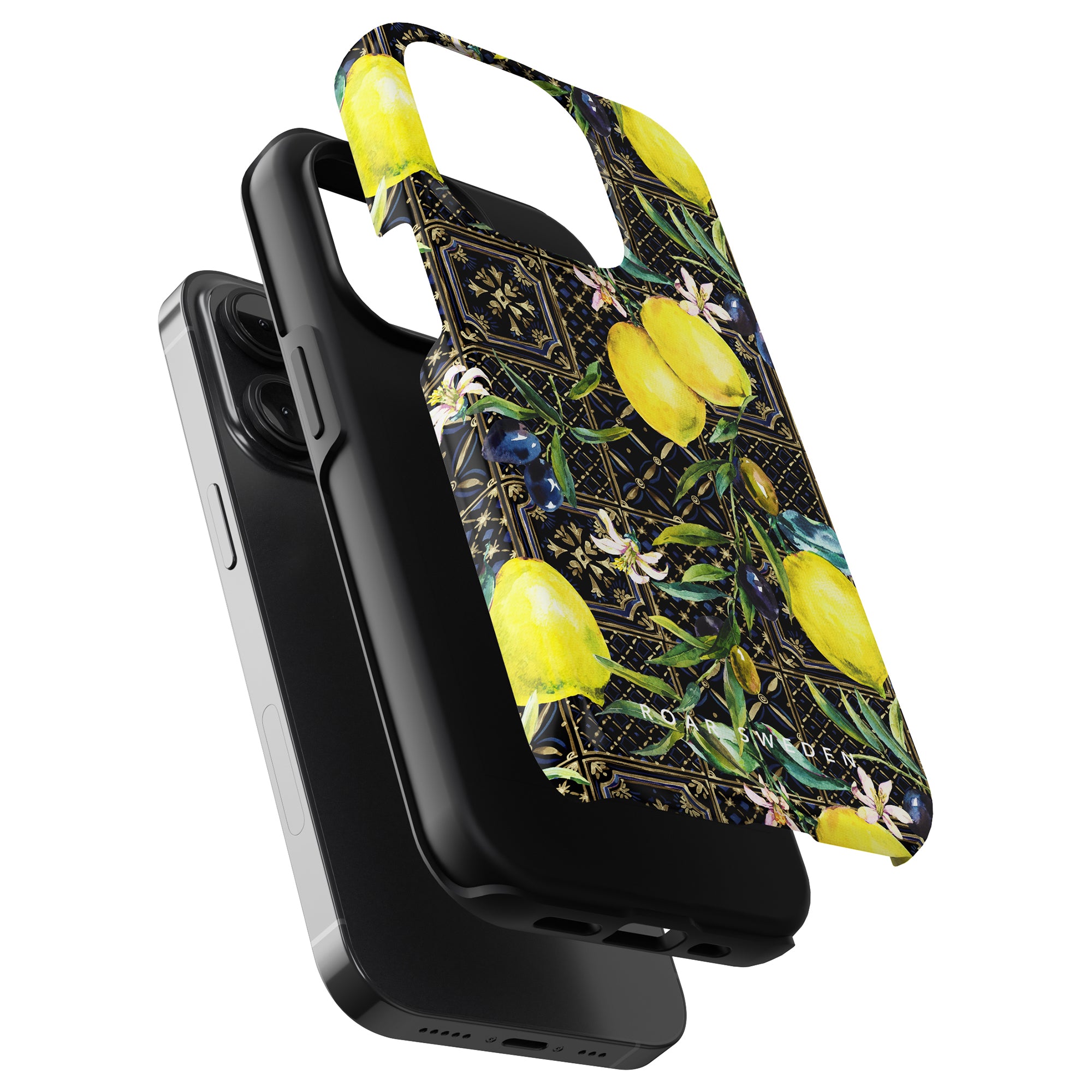A black smartphone with a Sorrento - Tough Case featuring a lemon pattern, attached to a matching lanyard made from organic cotton.