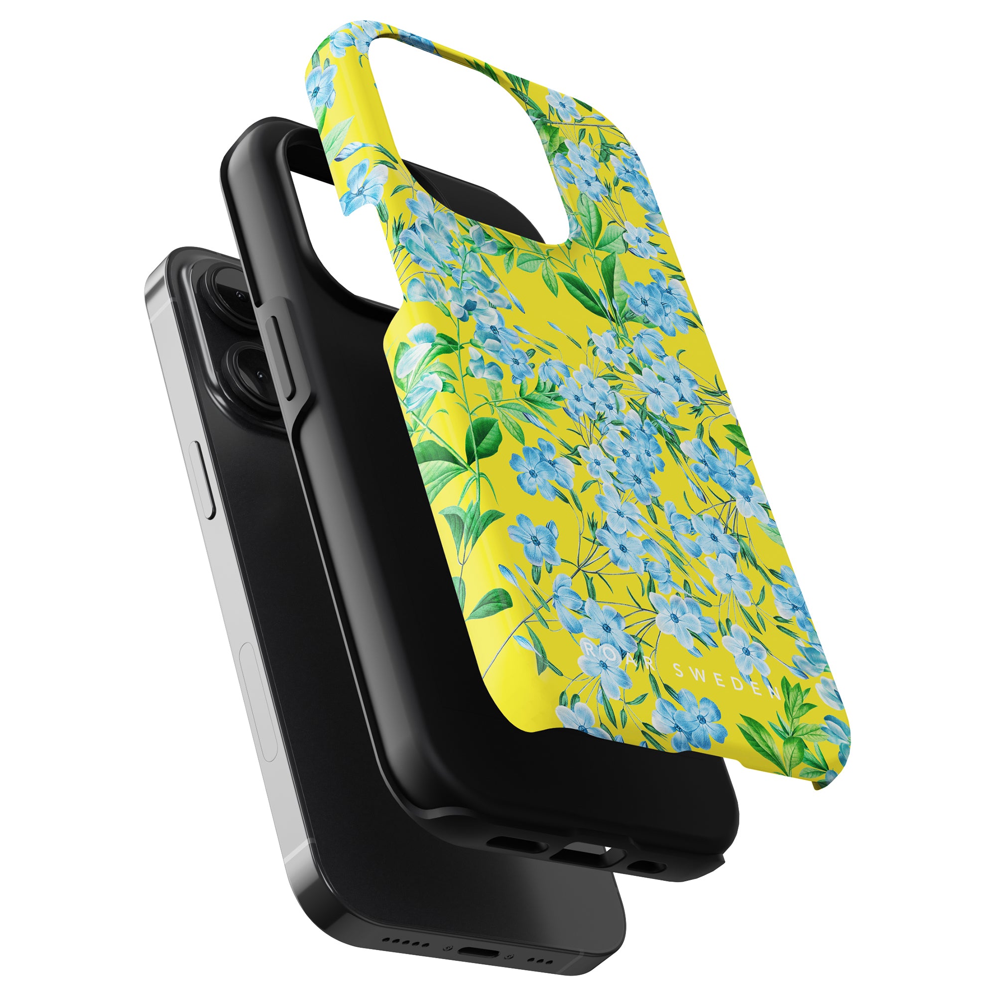 Two smartphones with black cases and a vibrant yellow and blue floral-patterned shopping bag feature a Spring Ditsy - Tough Case.
