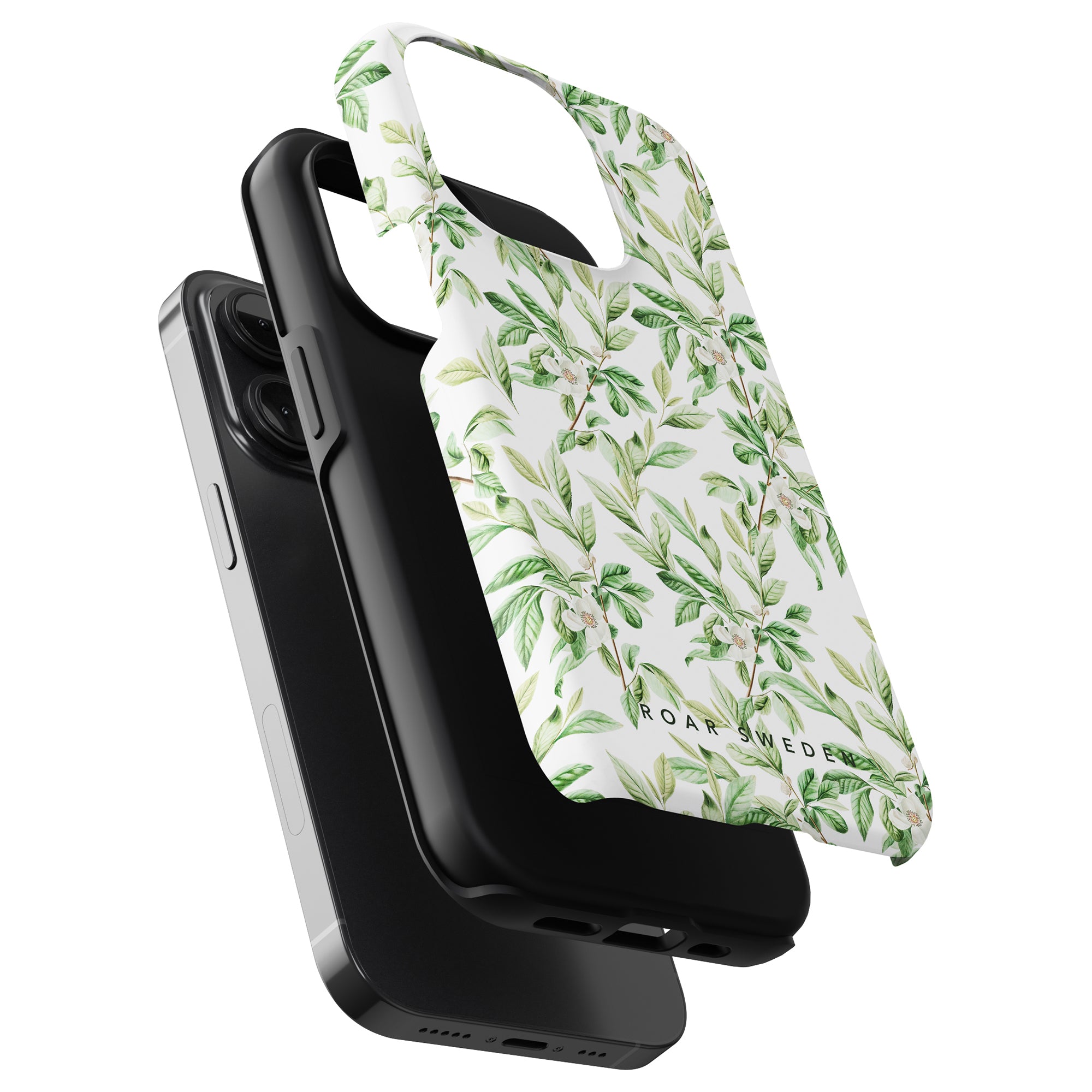 Two smartphones in tough cases, one with a Spring Leaves - Tough Case design, positioned back-to-back against a white background.