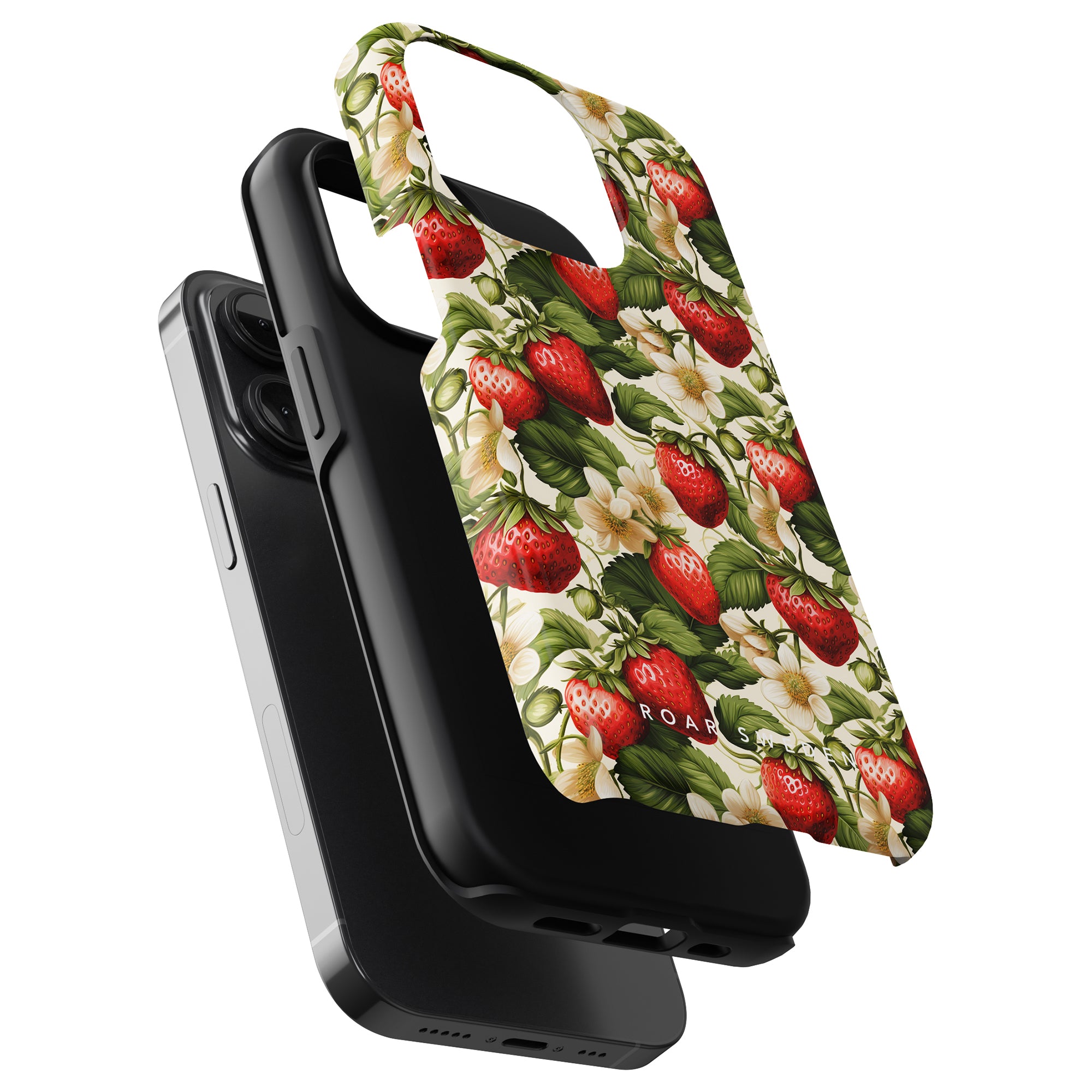 Black smartphone with a Strawberries - Tough Case from the exotic collection and matching strap.