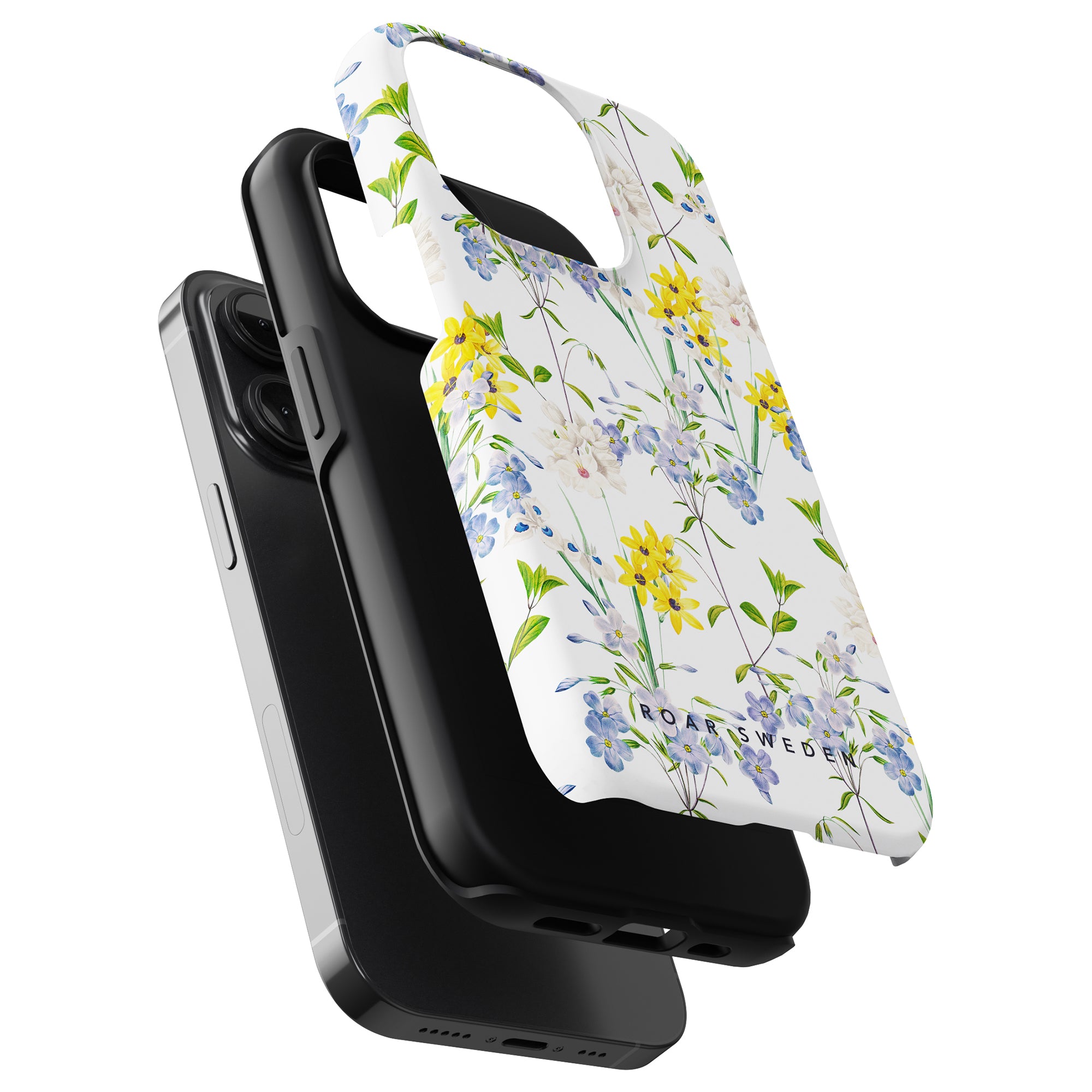 A black smartphone with the Summer Flowers - Tough Case and noise-cancellation wireless earbuds accessory.