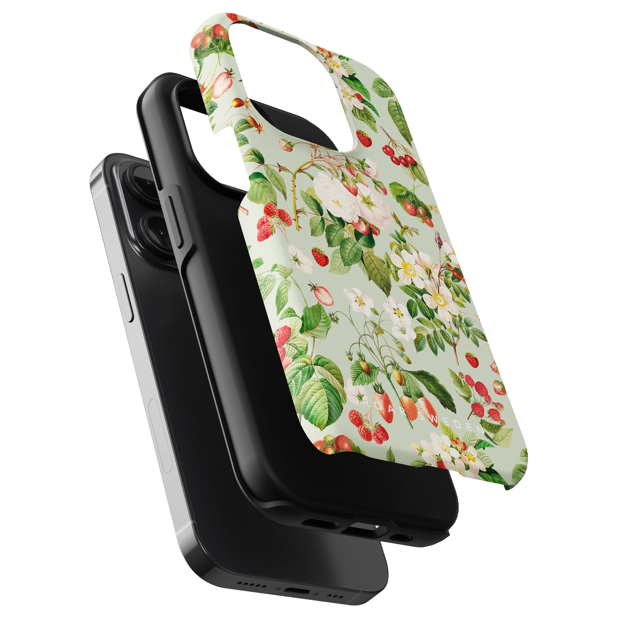 Two Tasty Garden - Tough Cases, one with an organic floral design and the other in solid black, positioned back to back.