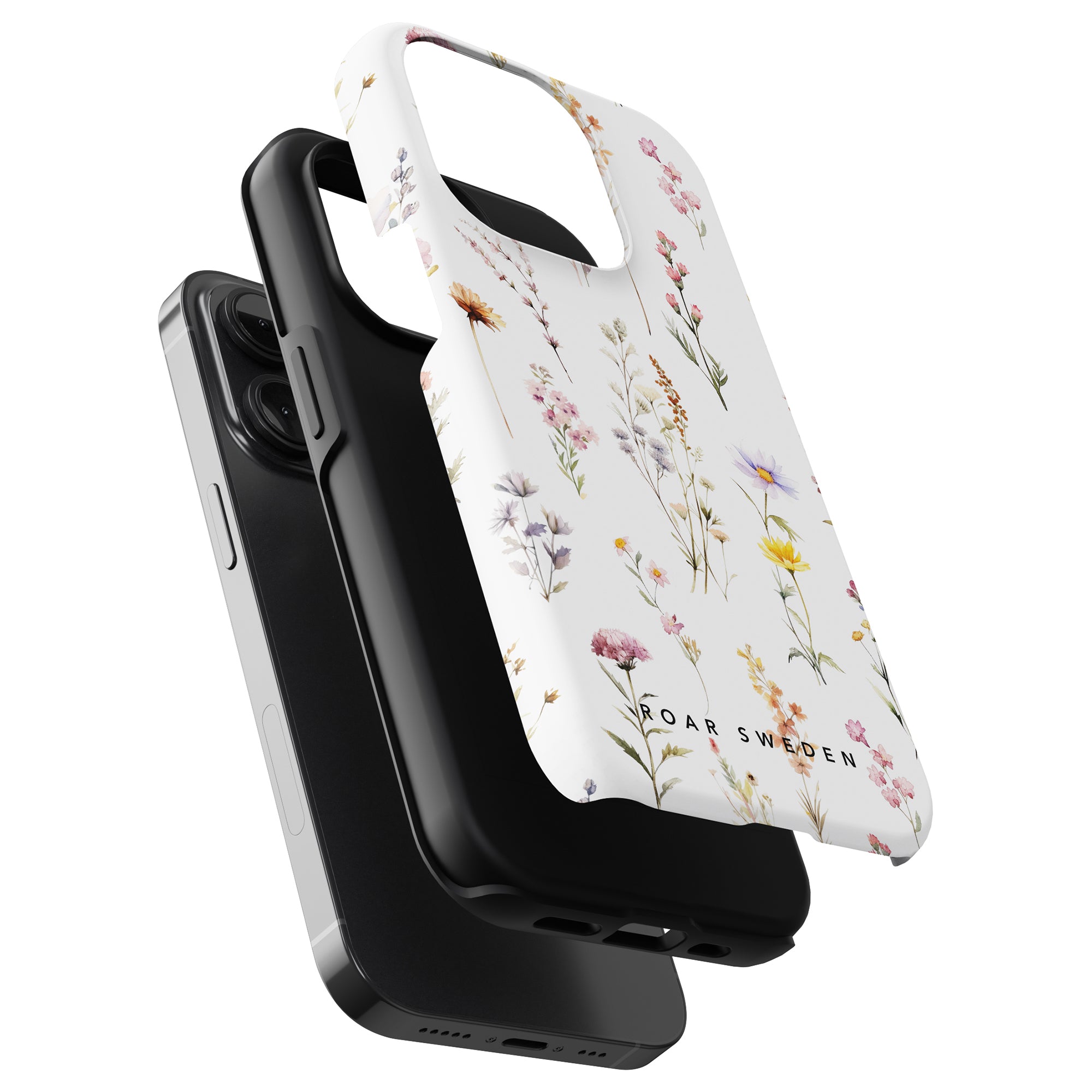 A luxury black smartphone mounted on a charging stand with a Wild Flowers - Tough Case attached.