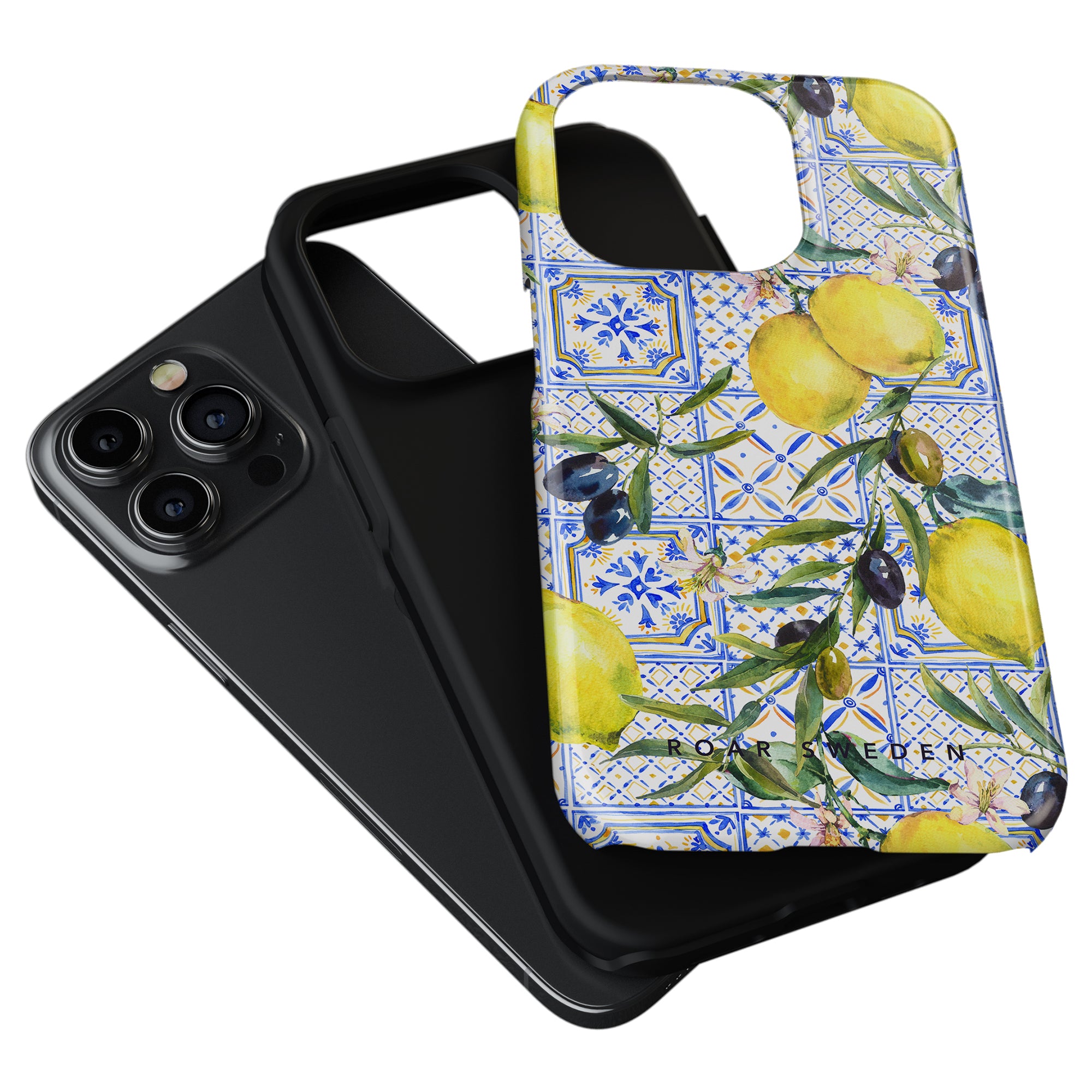 Two Amalfi - Tough Cases with different designs, one plain black and the other with a lemon and tile print, on a white background.