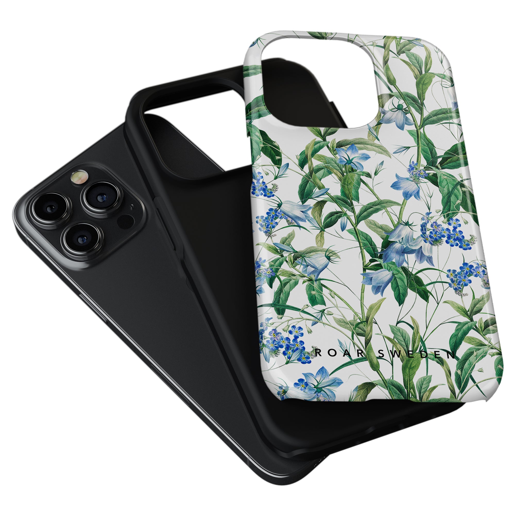 Two Blue Bells - Tough Cases, one floral print and one solid black, both featuring a cutout for camera lenses and designed with an exfoliating texture to enhance grip.