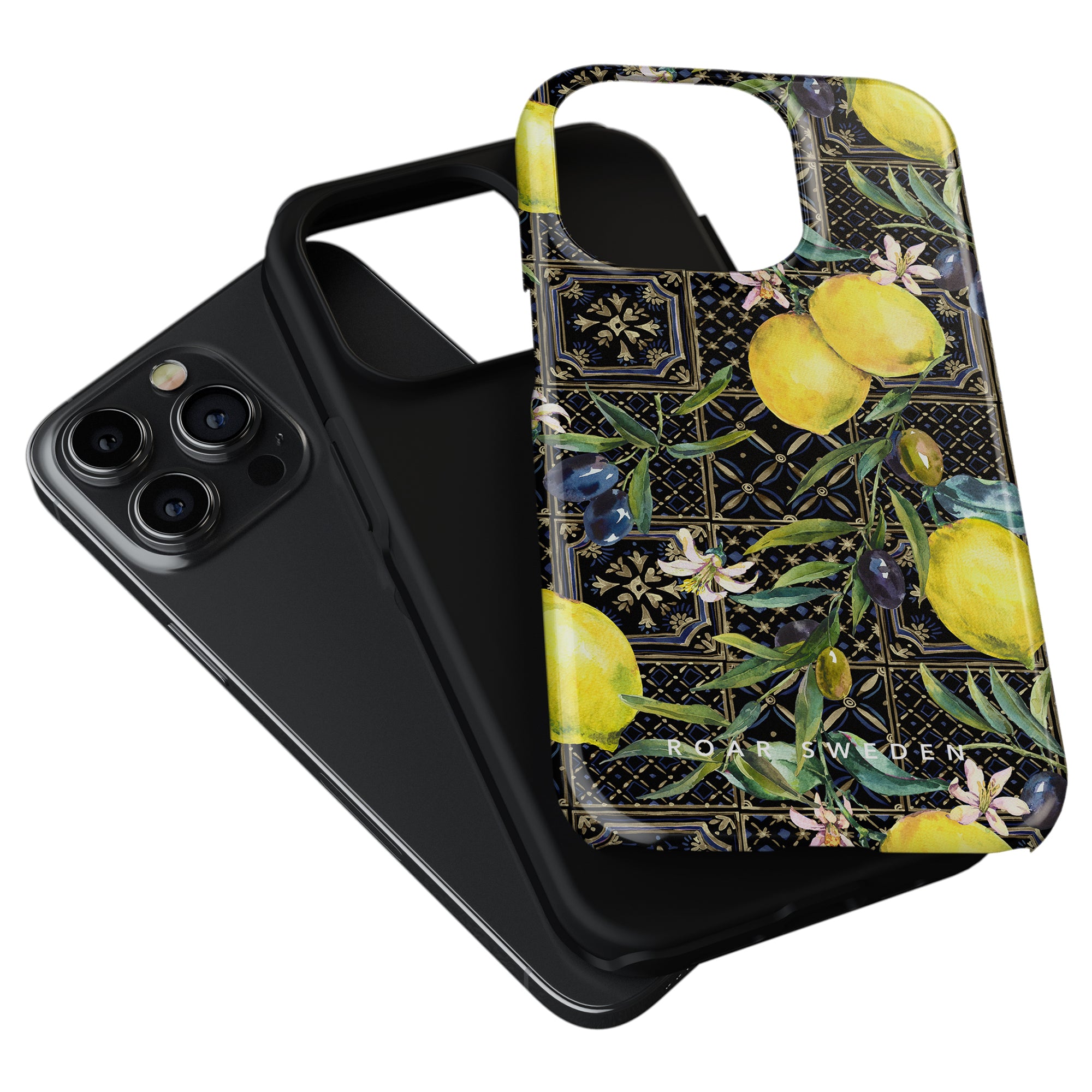 Black smartphone with a triple-lens camera next to a Sorrento - Tough Case decorated with a lemon and floral pattern.