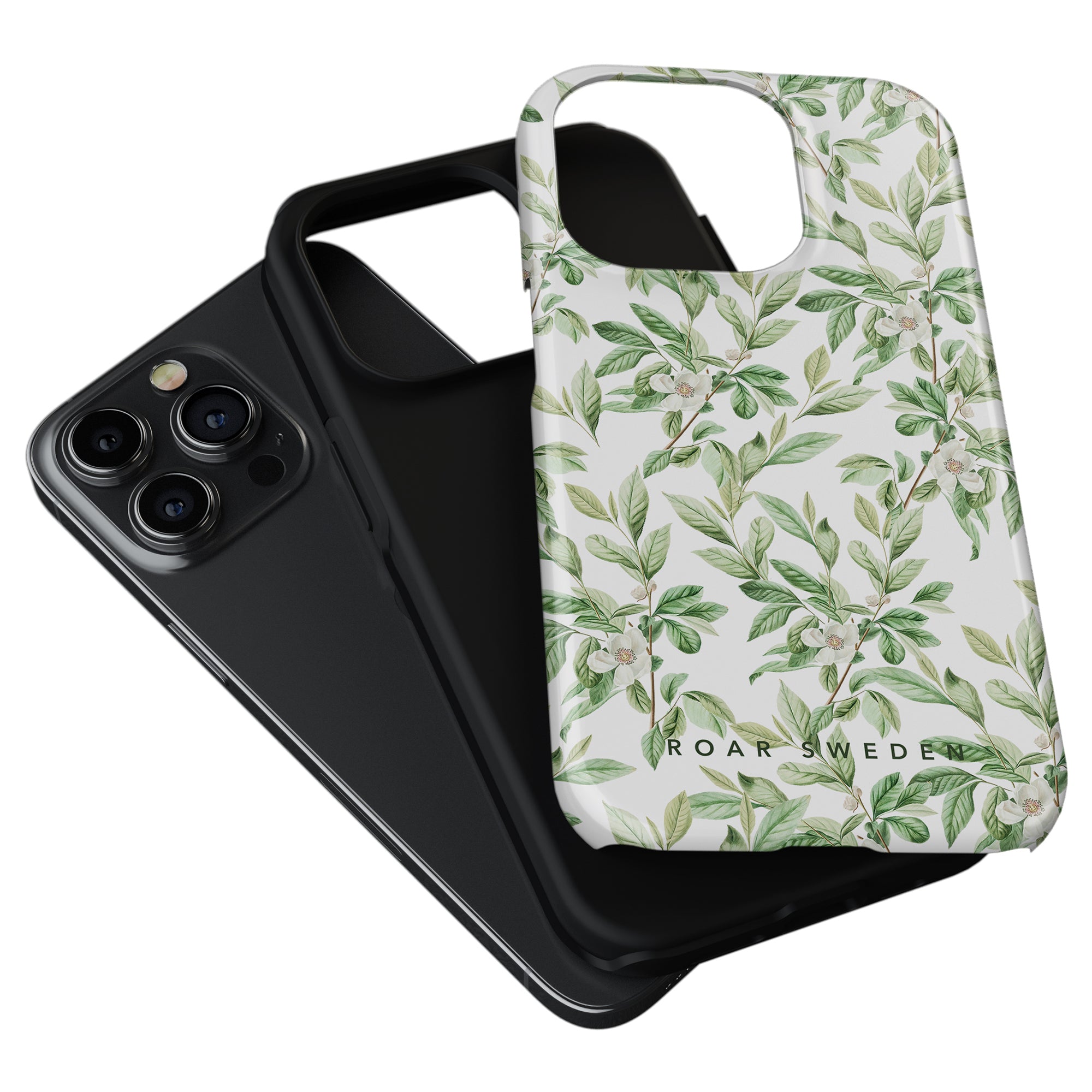 A black smartphone with triple-camera setup next to a Spring Leaves - Tough Case from our vår collection on a white background.