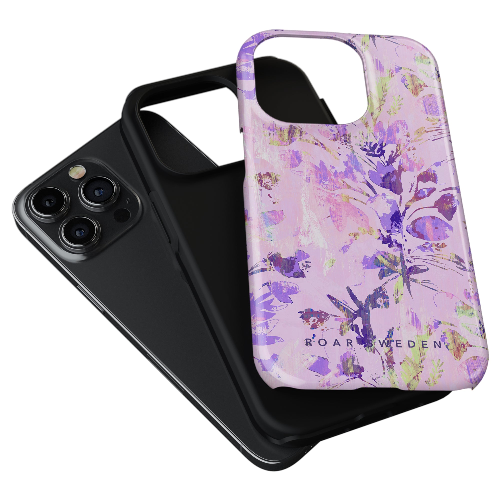 A black smartphone with a triple-camera setup alongside a Spring - Tough Case protective case.