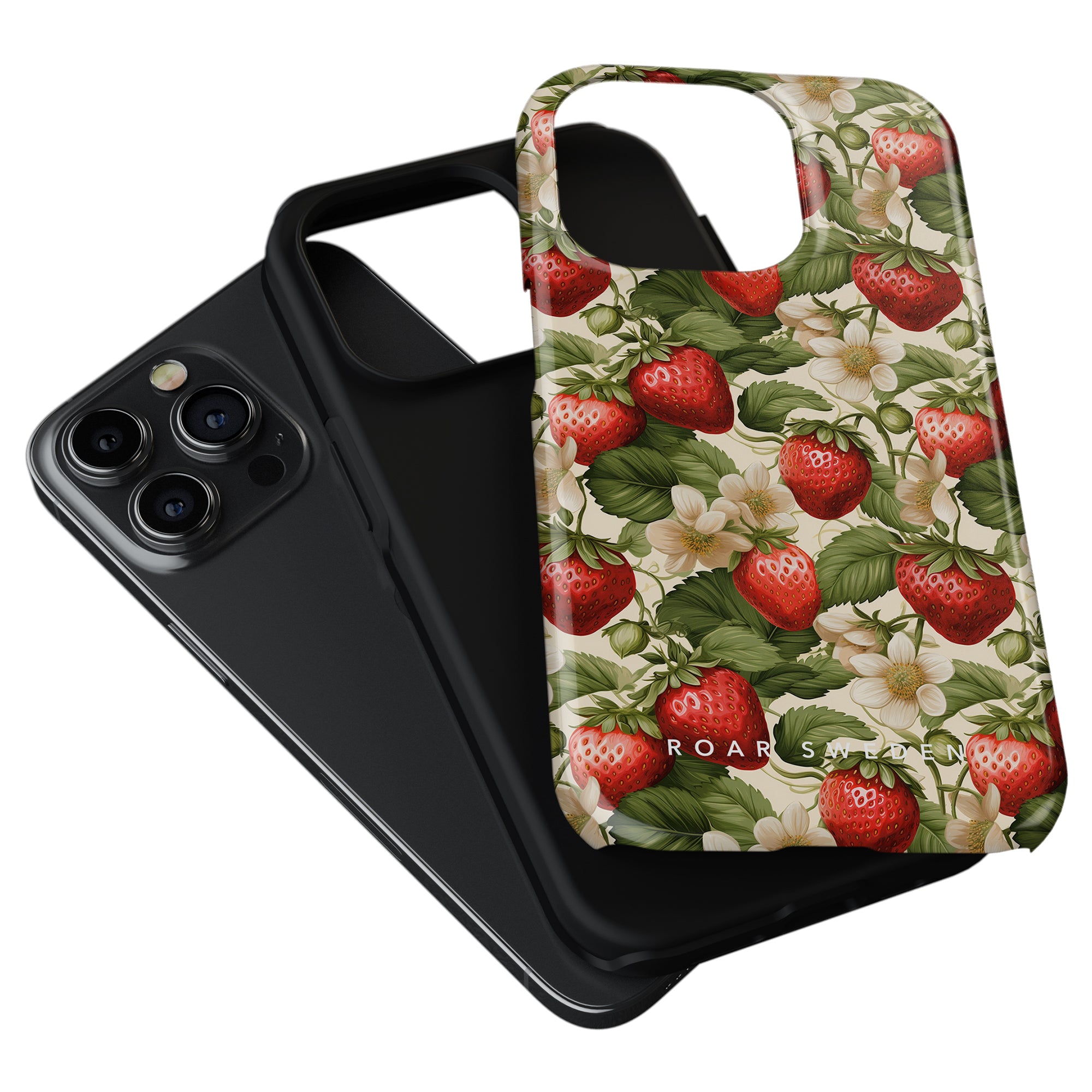 A black smartphone with a triple camera setup alongside an exotic collection floral-patterned Strawberries - Tough Case.