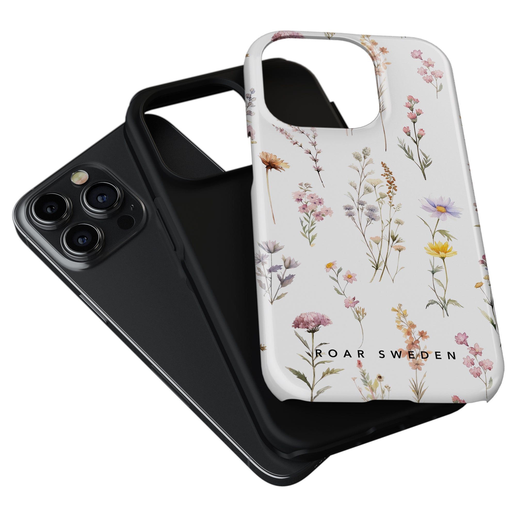 Wild Flowers - Tough Case smartphone with a triple-lens camera beside a luxury floral-print phone case.