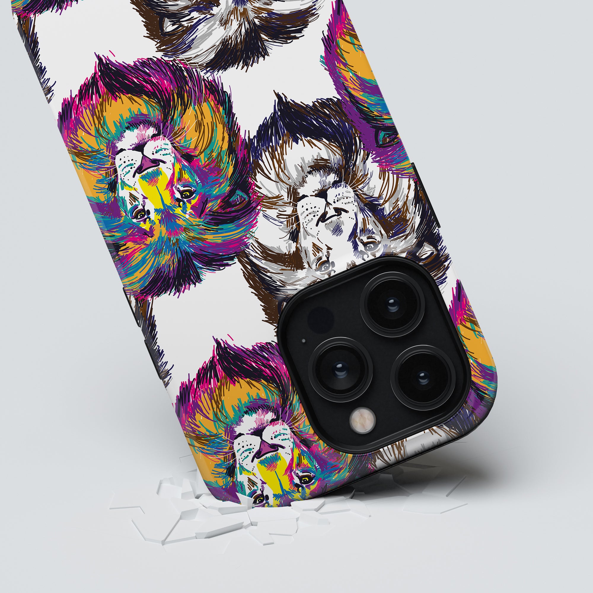 A smartphone with a vibrant, multicolored Simba - Tough Case, featuring a triple-lens camera, resting against a white background.
