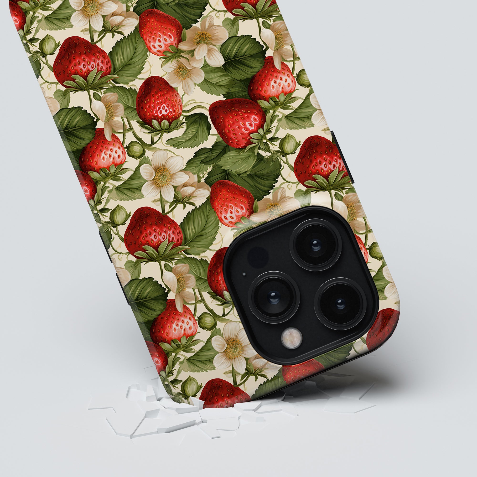 Strawberries - Tough Case with a triple camera breaking through a surface with strawberry and flower print design from the exotic collection.