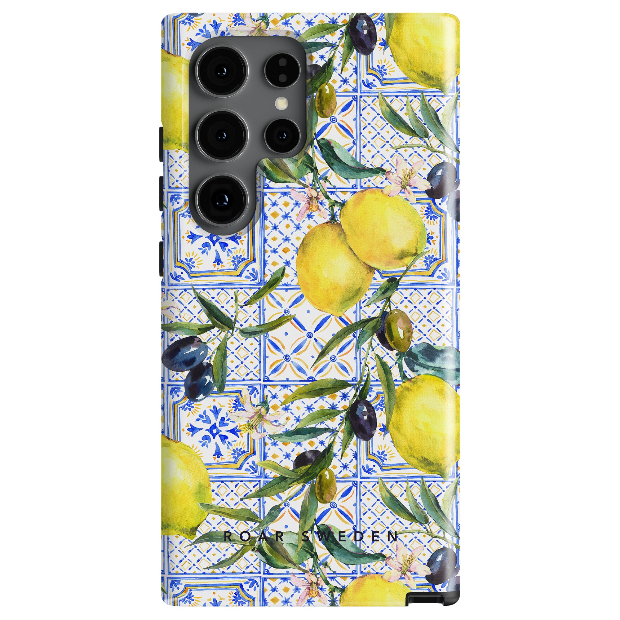 Amalfi - Tough Case with a lemon and olive pattern on an Italian tile background, featuring a triple camera setup.
