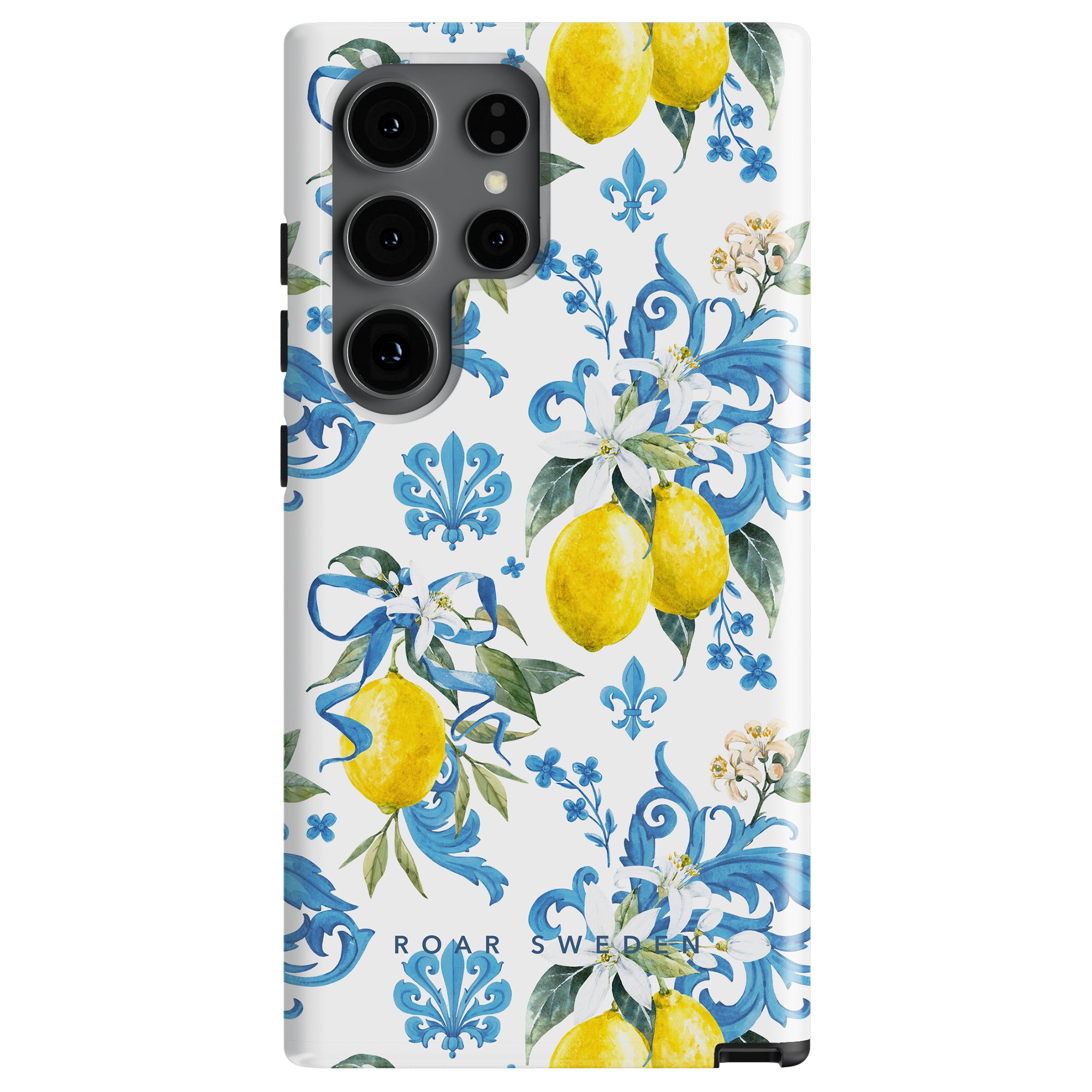 A Bianca - Tough case inspired by Sicilianska kulturen, with a floral and lemon pattern design in yellow and blue colors, featuring cutouts for camera lenses.