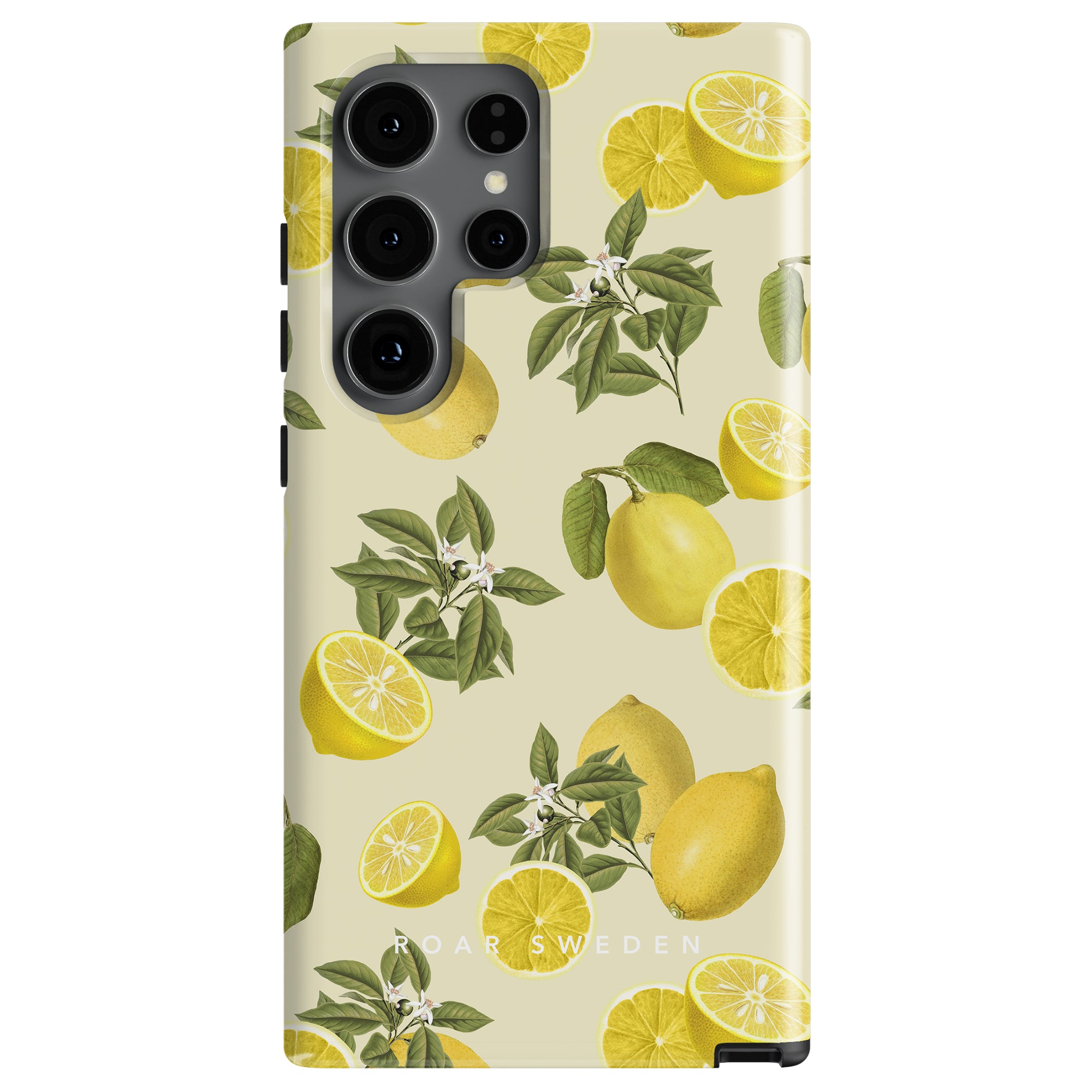 A Limon tough case with a yellow background featuring an Italienska citronskal and leaf pattern, designed for a phone with four cameras.
