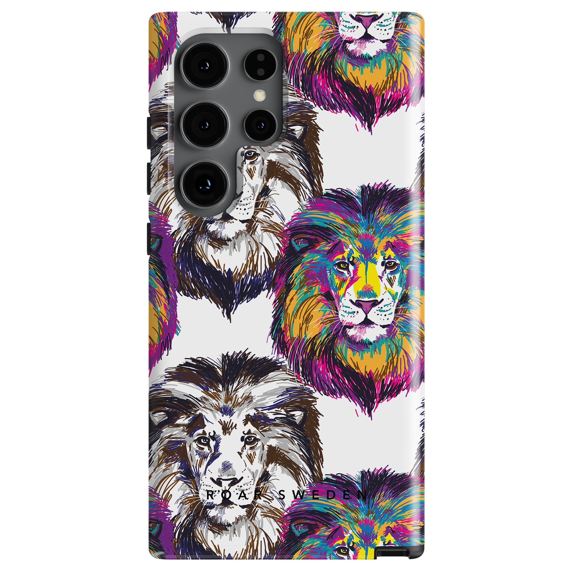 Simba - Tough Case featuring a colorful lejon skal design with multiple lion faces in various vibrant hues, customized for a phone with triple cameras.