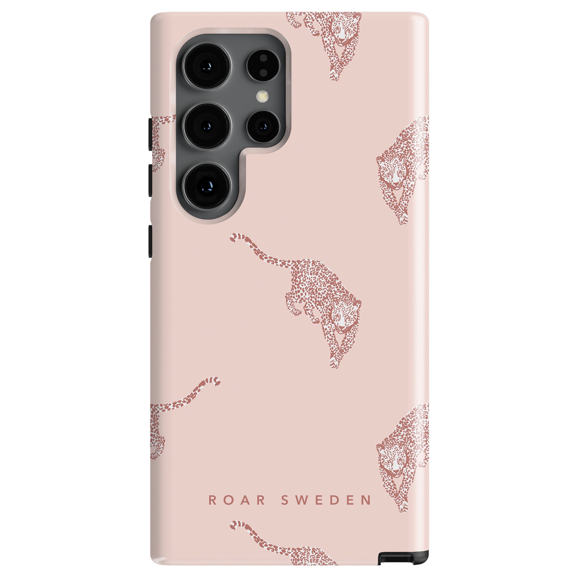 A light pink Kitty - Tough Case with black camera cutouts and a pattern of sparkly silver leopard prints, branded with the text "Roar Sweden.