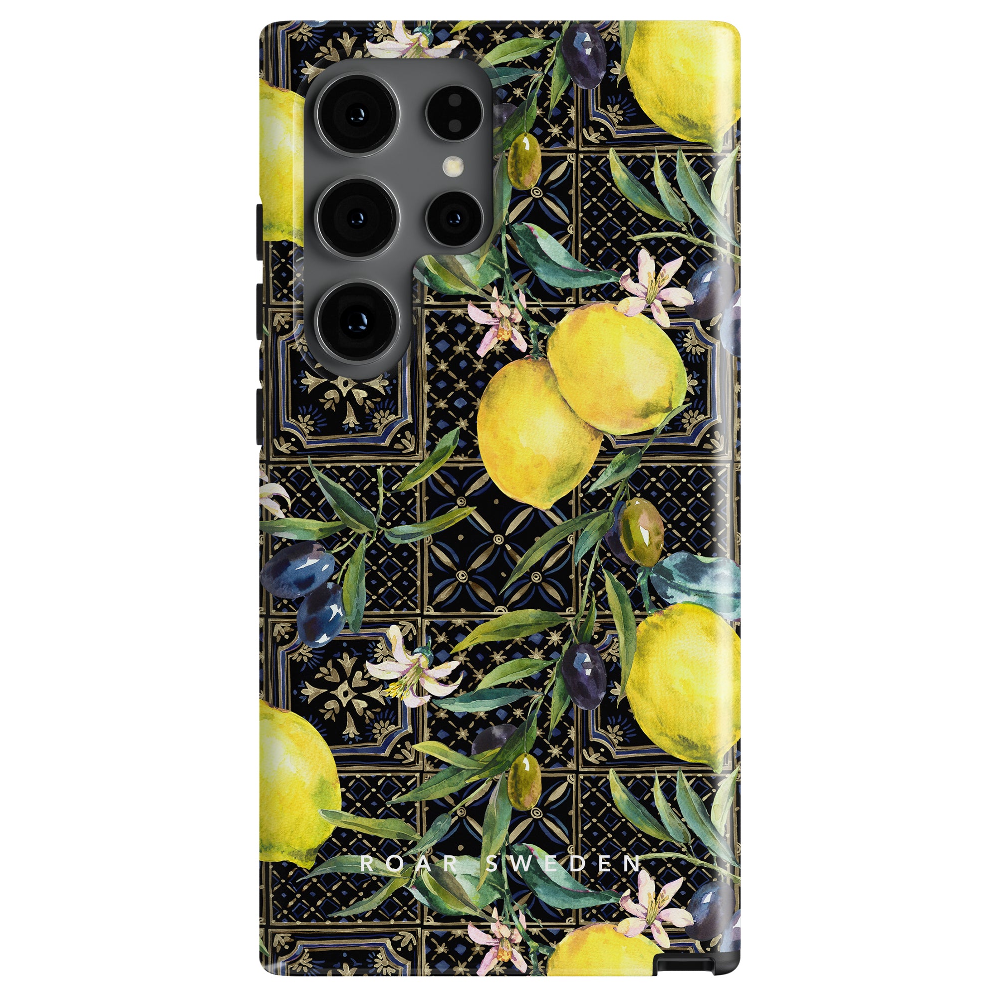 A smartphone case with a pattern of lemons and olive branches on a geometric, black and gold background, labeled "Sorrento - Tough Case".