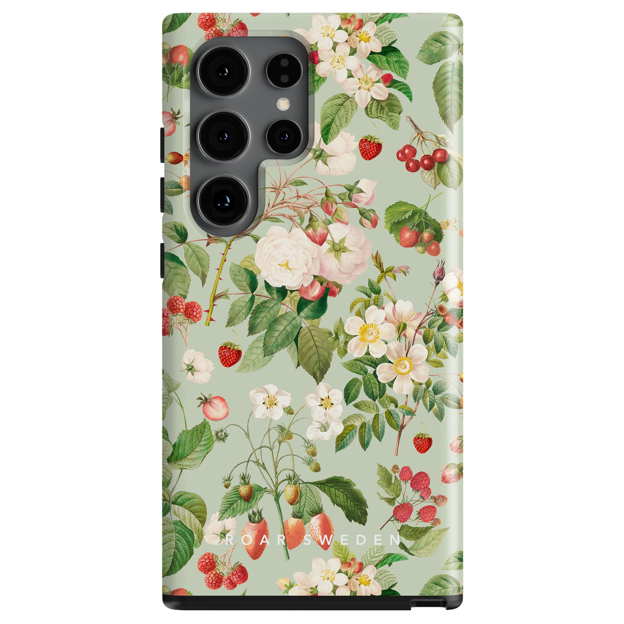 A Tasty Garden - Tough Case with a floral and berry pattern and integrated camera cutouts, made from skyddande material, bearing the text "ideal of sweden".