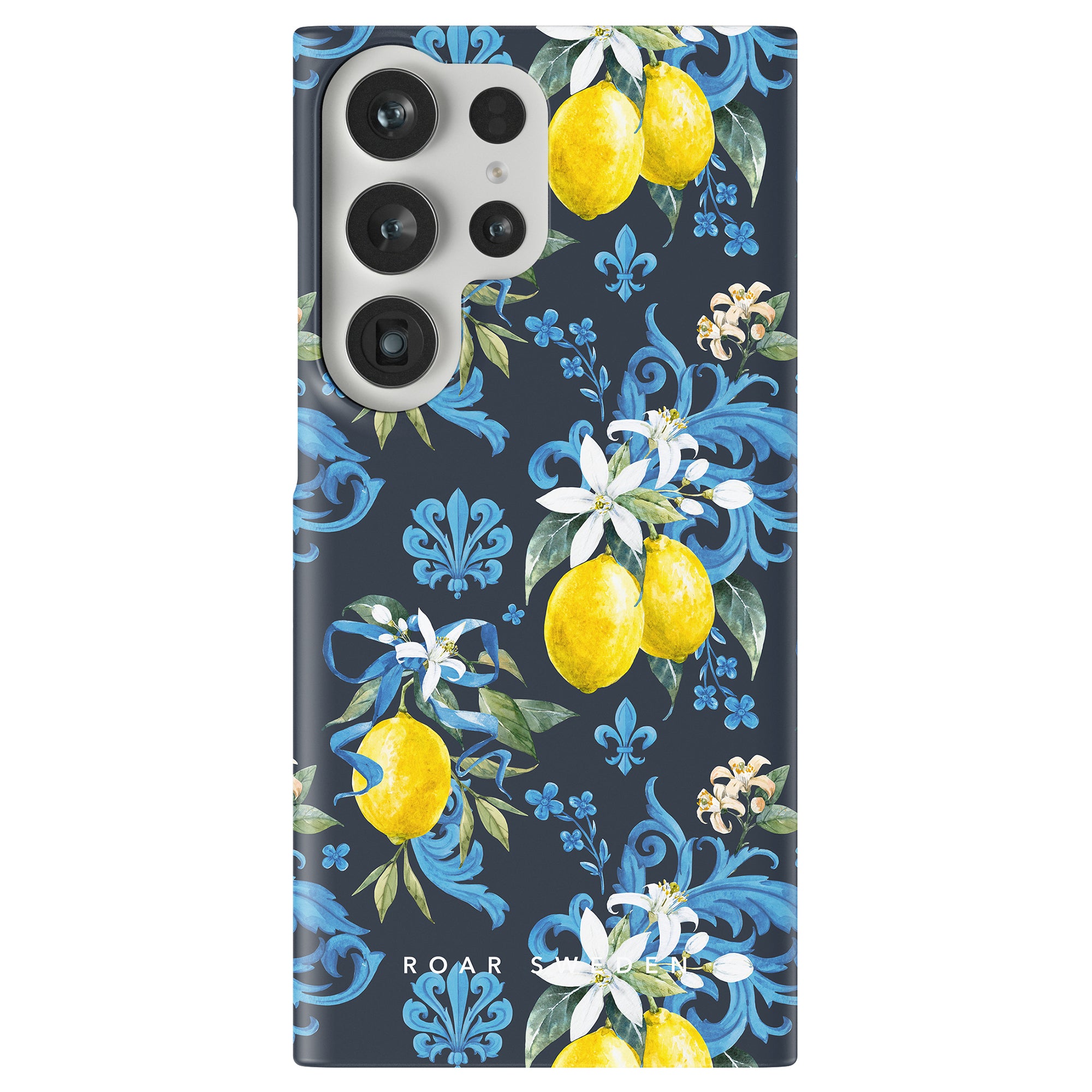 A Toscana - Slim case with a Sicilianska mönster of lemon and floral design on a blue background.