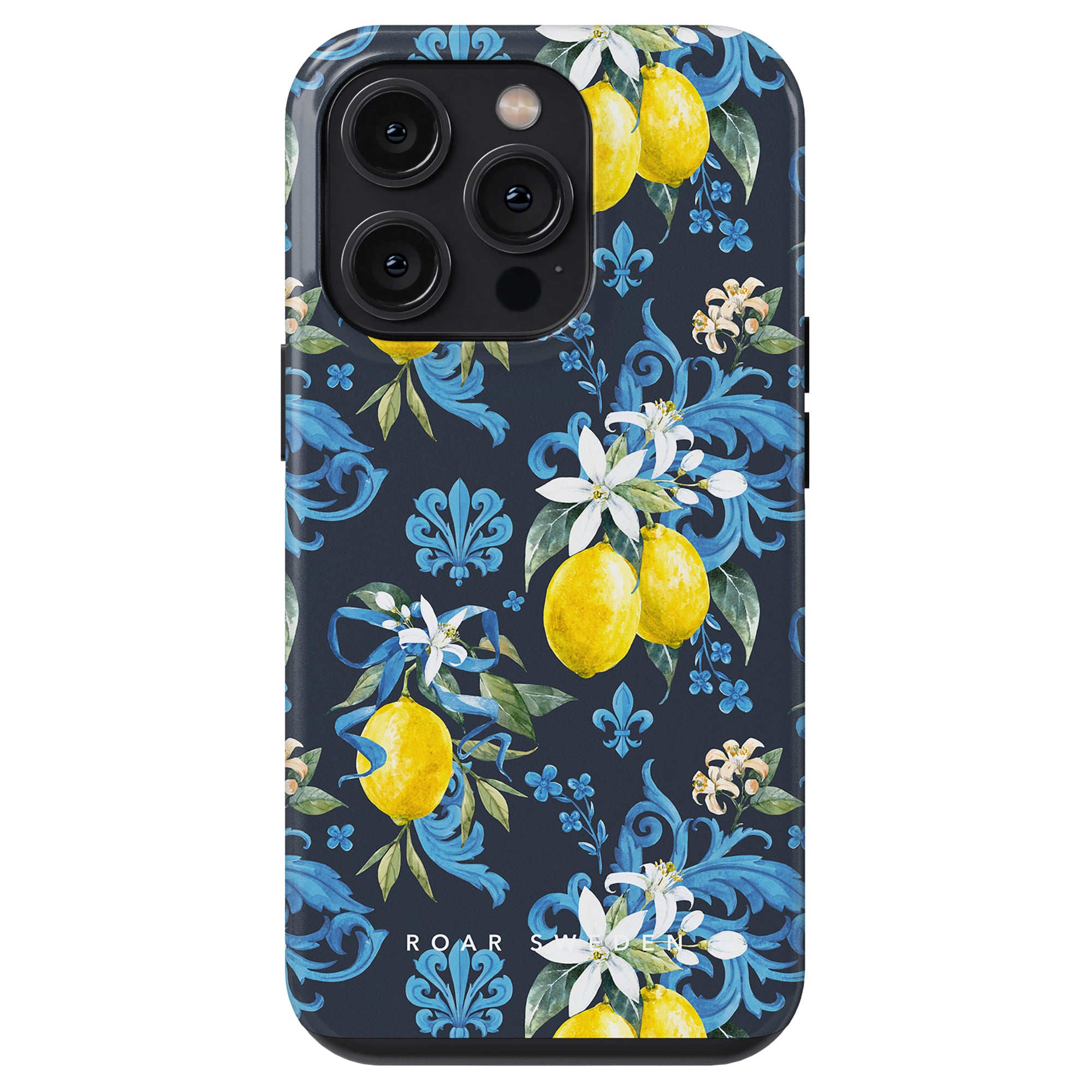 Toscana - Tough case with a Sicilianska lemon and floral pattern on a blue background, designed for a model with triple rear cameras.