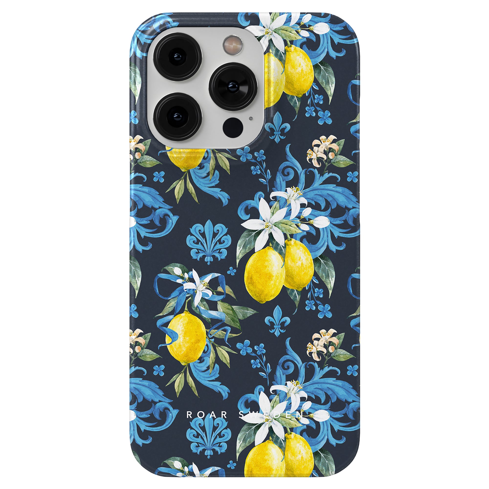 Toscana - Slim case with a lemon and floral pattern design inspired by Sicilien on a navy blue background.