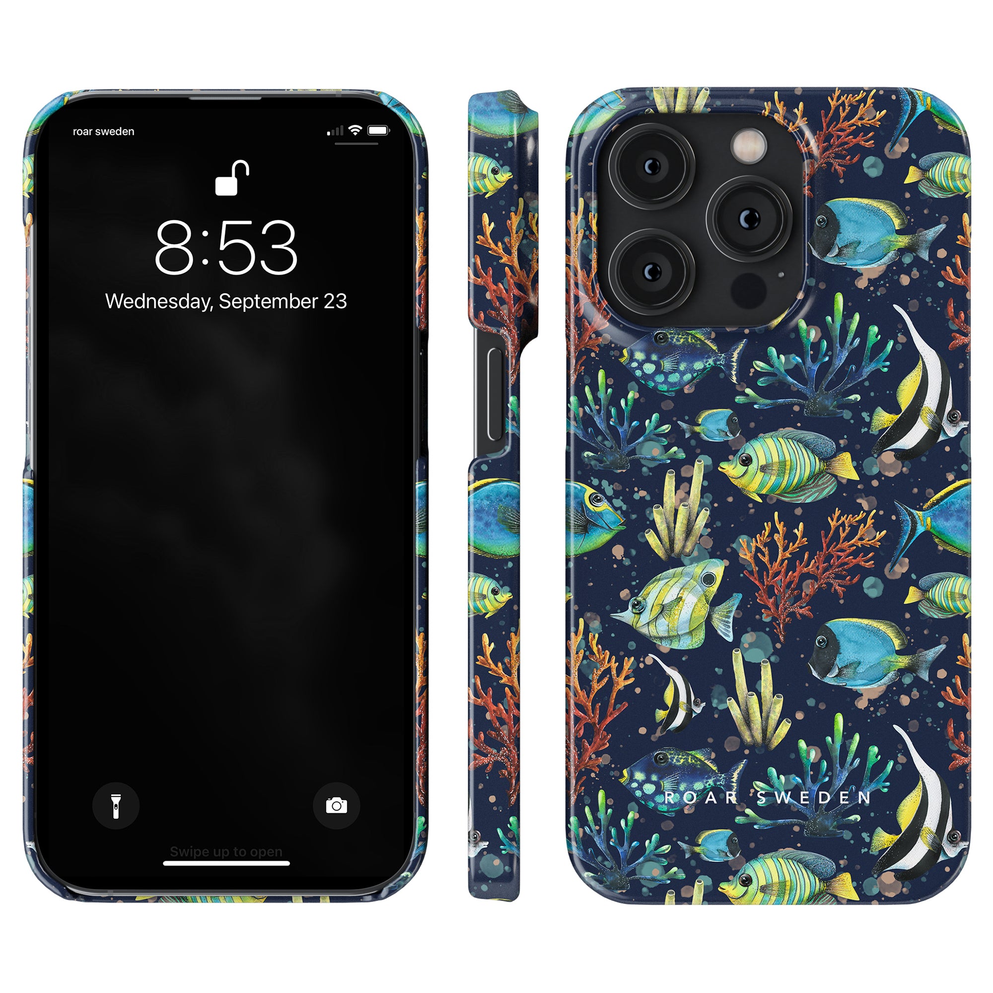 A Tropical Fish slim case featuring a vibrant tropical fish and coral pattern, perfect for those who love marine life.