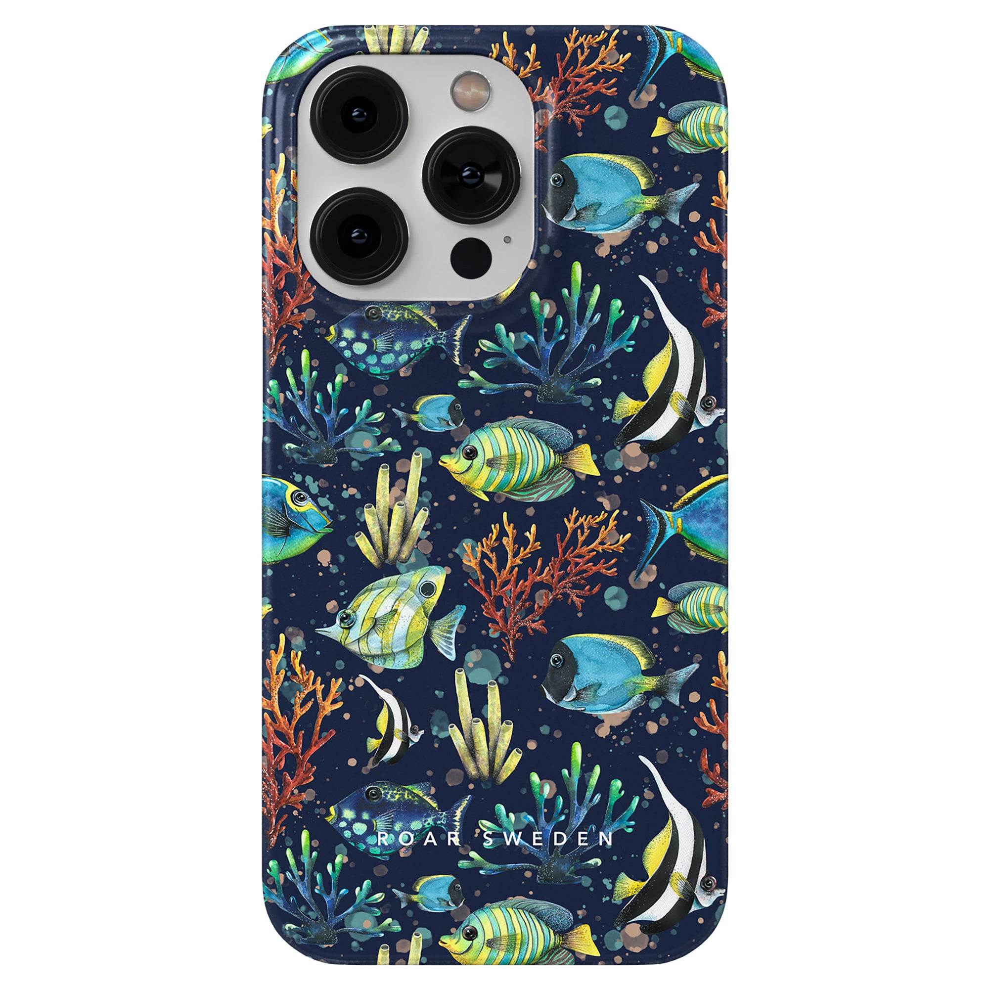 A slim blue Tropical Fish - Slim case adorned with vibrant corals and tropical fish.