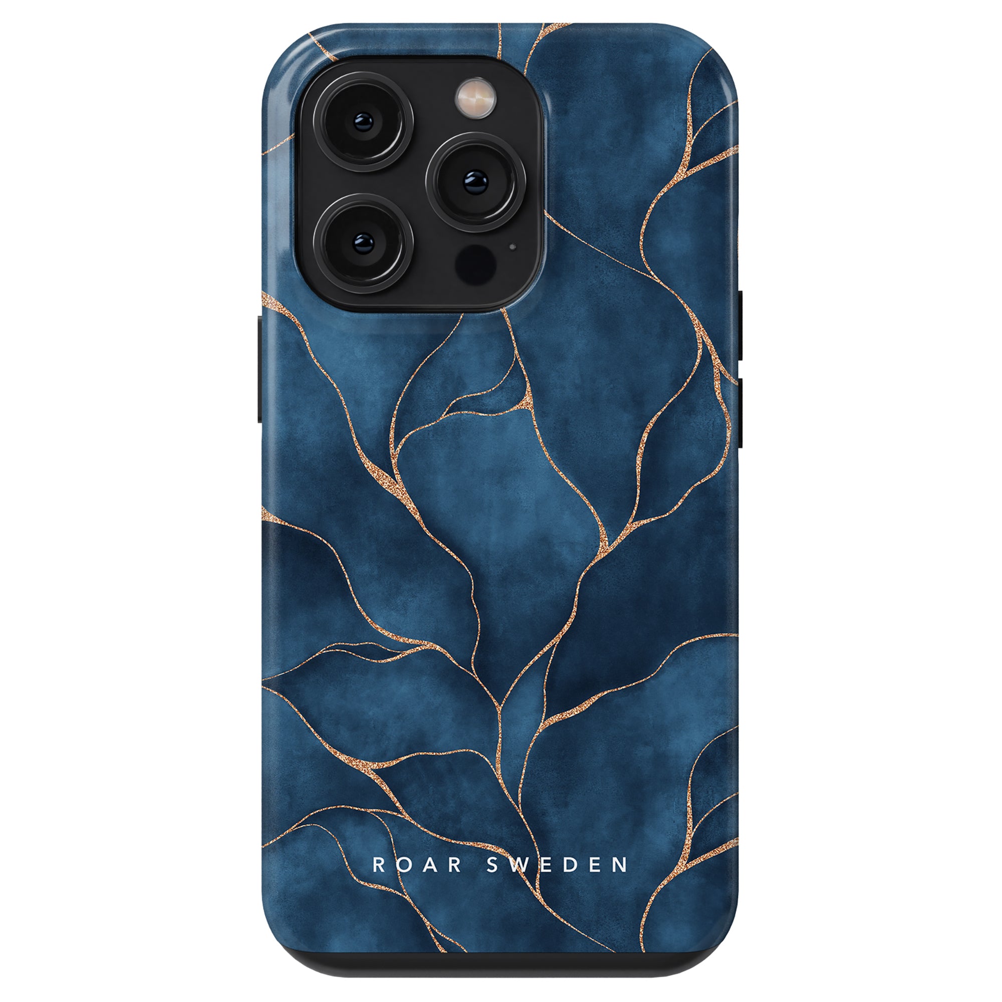 Blue Tough Case with gold line pattern, camera cutouts, and Yggdrasil branding.
