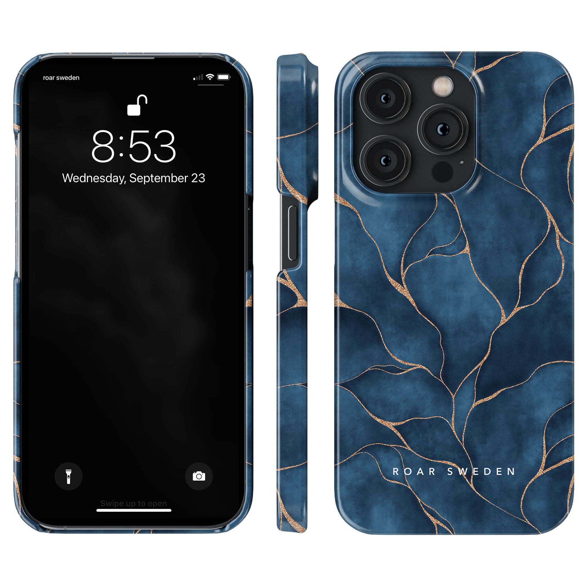 A Yggdrasil slim case for the iPhone 11 Pro with a blue and gold marble pattern.