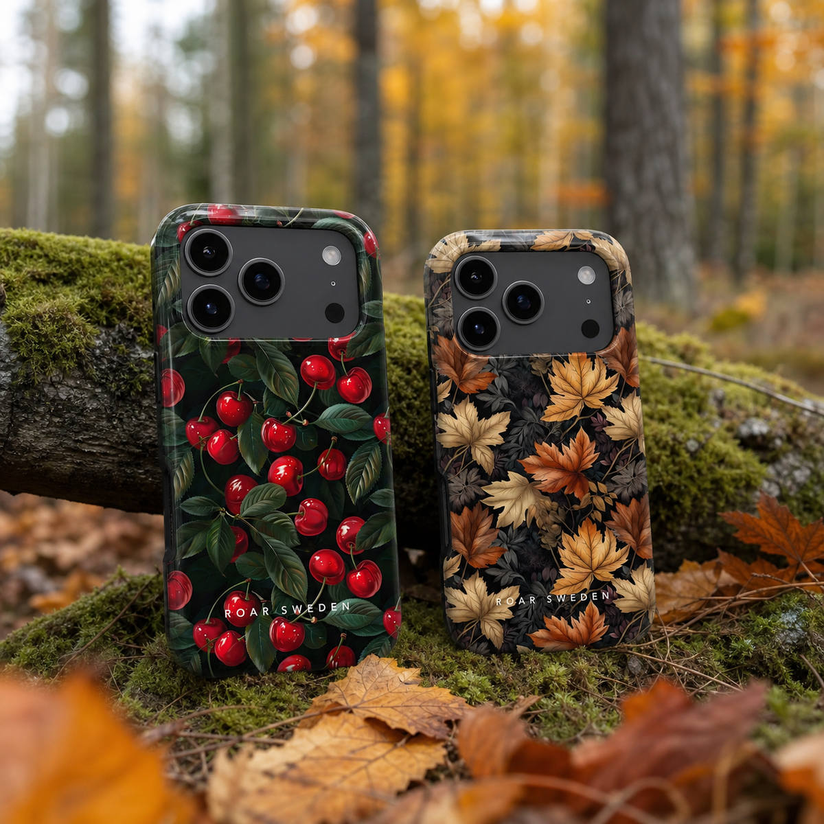 Mobilskal med naturmotiv på hösten – skog, löv och jordnära färger