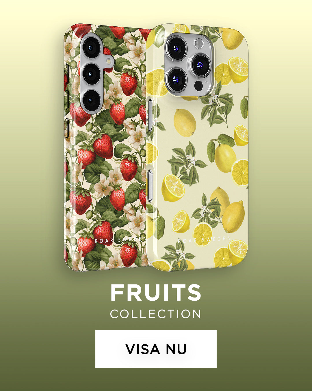 Three phone cases with exotic fruit designs: lemons, figs, and watermelons, displayed next to the text 