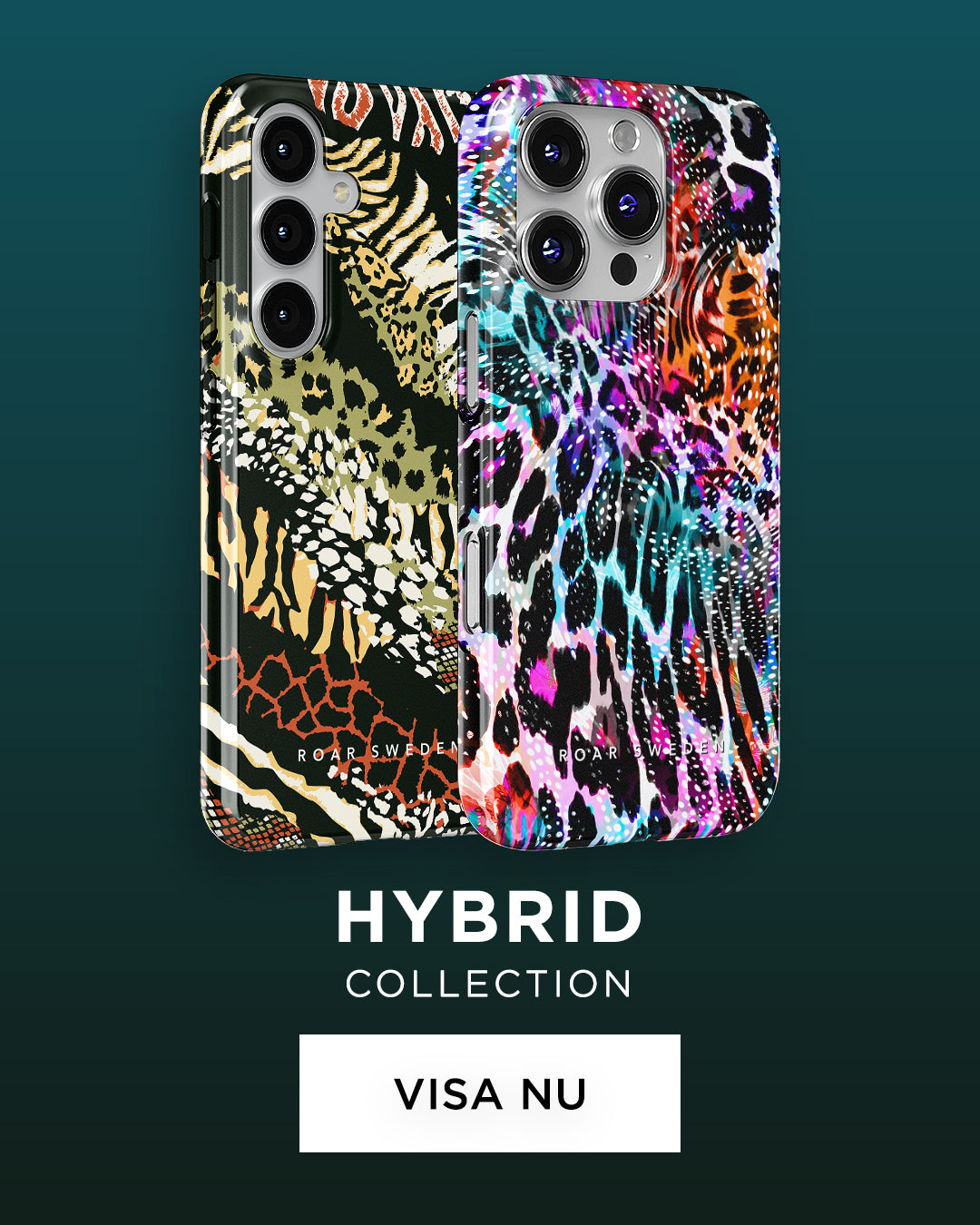 Three phone cases from the hybrid collection with vibrant animal print designs, labeled by the brand upptäck.