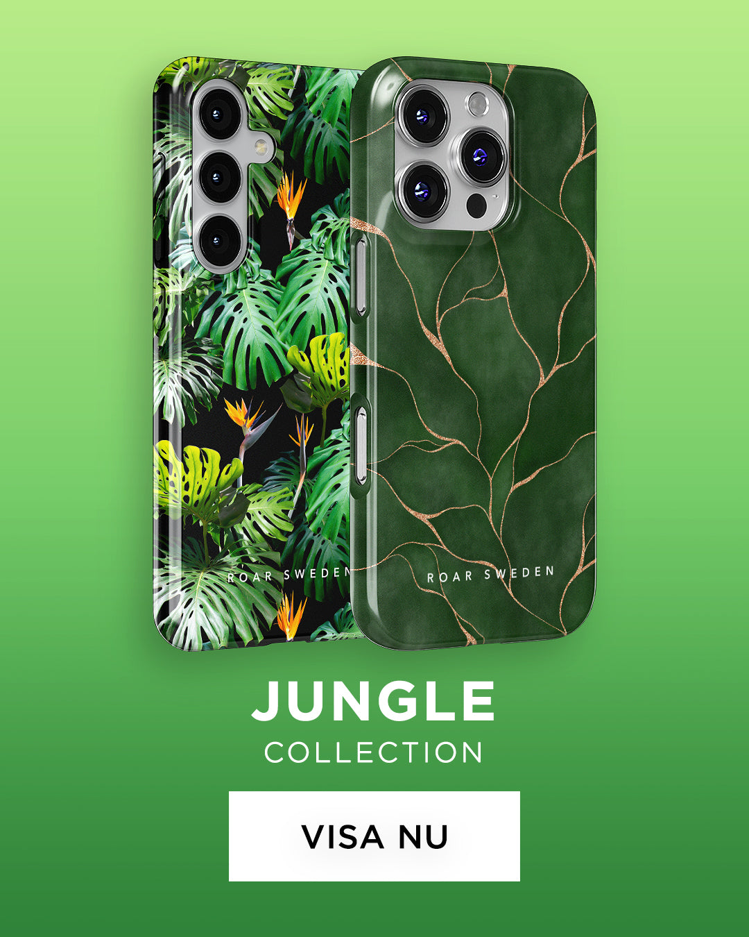 Three smartphone cases with different jungle-themed designs on a green background, part of the 